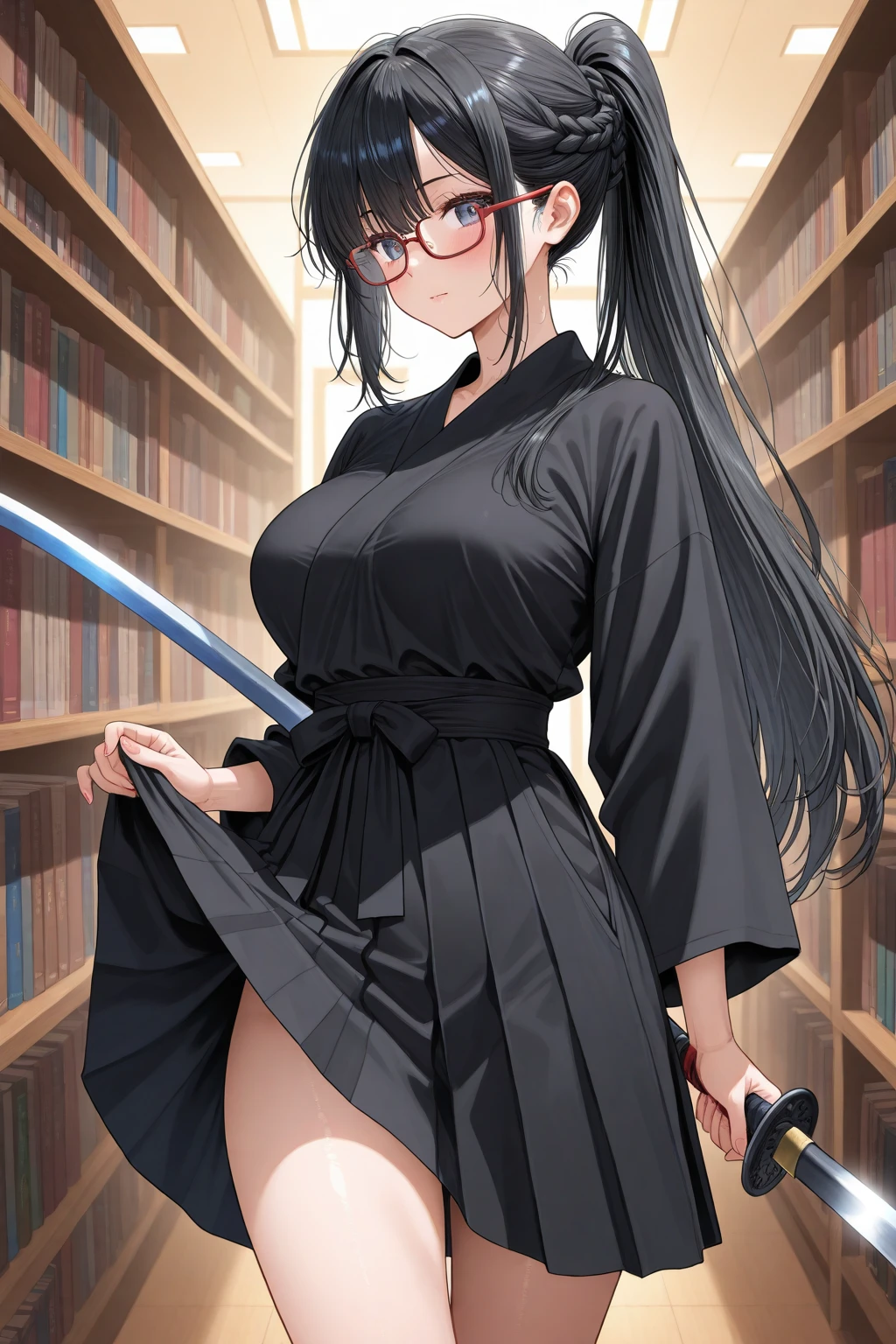 Two-dimensional beautiful girl, knitted long black hair, wearing glasses, breasts are not swollen a little, slightly bulging, upper part is purple and white arrow pattern, bottom is dark green hakama, lace-up boots I'm wearing