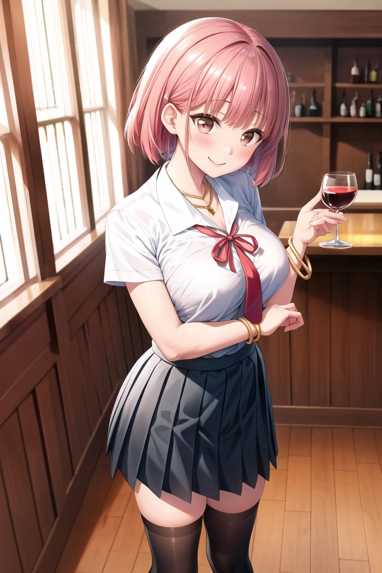 Anna Millers dark pink uniform, cute girl clerk, A smile for customer service with a slightly shy smile, leaning down, Bustier-style dark pink dress that doesn't cover the breasts, Soft breasts around C cup, pink fluttering miniskirt, and draw the full body, She stands on one leg and takes off her panties down to her thighs., Interior of a large Western-style coffee shop, Her uniform is a little disheveled and her breasts are exposed., Draw nipples, draw the crevice between the legs
