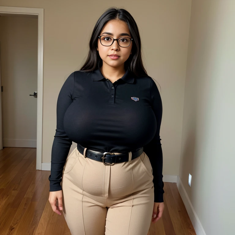 beautiful detailed, cute face, short, mexican teen, slightly chubby, medium black hair, black hair over one eye, glasses, long sleeve T-shirt, long pants, pearshaped wide hips, thick thighs, solo, voluptuous breasts,