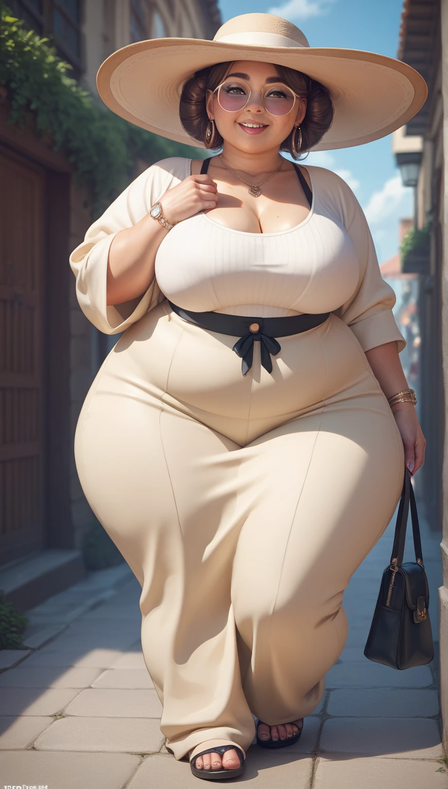 Indonesian woman, thick body, cold atmosphere , thick cheeks , full body , random pose, wavy short hair , thick hips, 40 years old , slightly fat arms , slightly fat belly , thick thighs pants, wearing bracelet ,wearing huge diamond necklace , watch , hena art on her skin,, muslim dress clothes with hijab