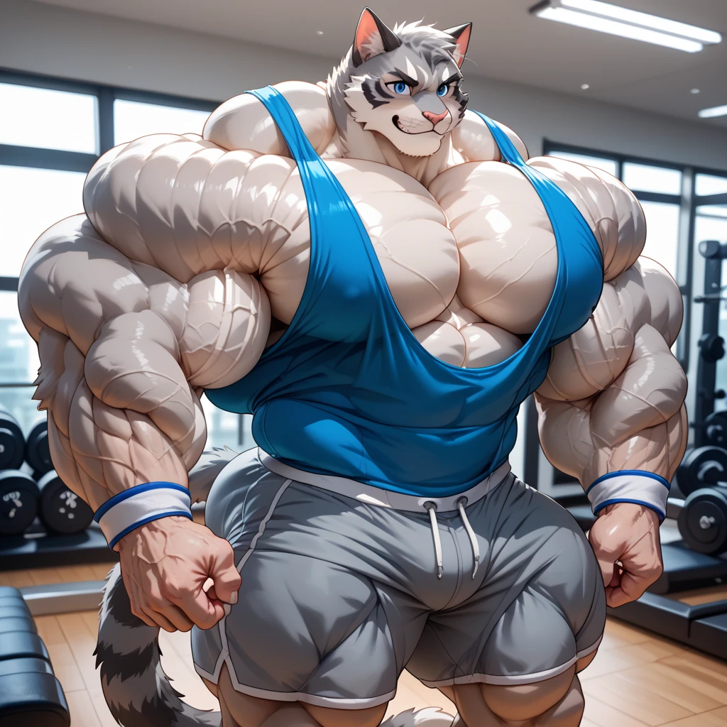 hyper growth, hyper muscles, furry growth, cute cat, A furry cat, blue cute cat, super furry and fluffy, shirtless, wearing shorts, exaggeratedly huge and muscular, on a gray background
