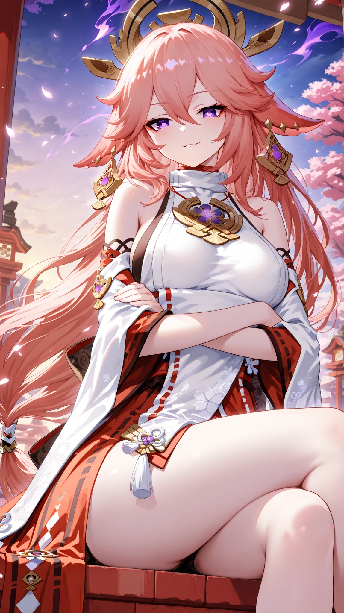 ((masterpiece)), (((best quality))), ((ultra-detailed)), ((illustration)), ((disheveled hair)),cherry blossoms, 1girl, long hair, pink hair, solo, breasts, branch, very long hair, yae sakura, bare legs, looking at viewer, purple eyes