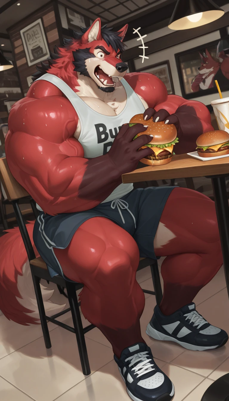 score_9, score_8_up, score_7_up, boo, restaurant, fast food, burger, eating burger, happy, joy, ghost, cute ghost, anime character with huge breasts and big muscles posing for a picture, oppai, oppai proportions, thicc, powerful and huge, biomechanical oppai, big arms, big muscle, heavy detailedig biceps, massive muscles
