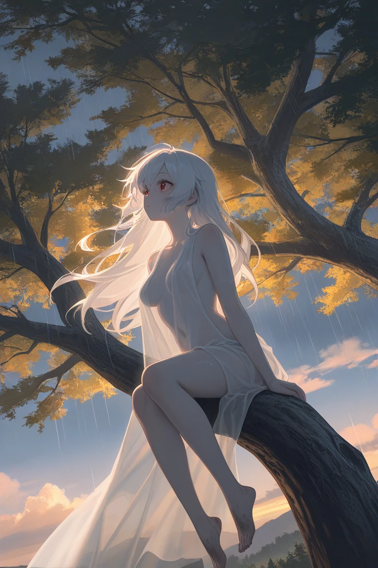 ((woman, bare breasts, shaved maxi skirt, small breasts,((very long white hair, red eyes, hopeless face)),((standing, 1 arm behind her back)), in a haunted forest at night,
