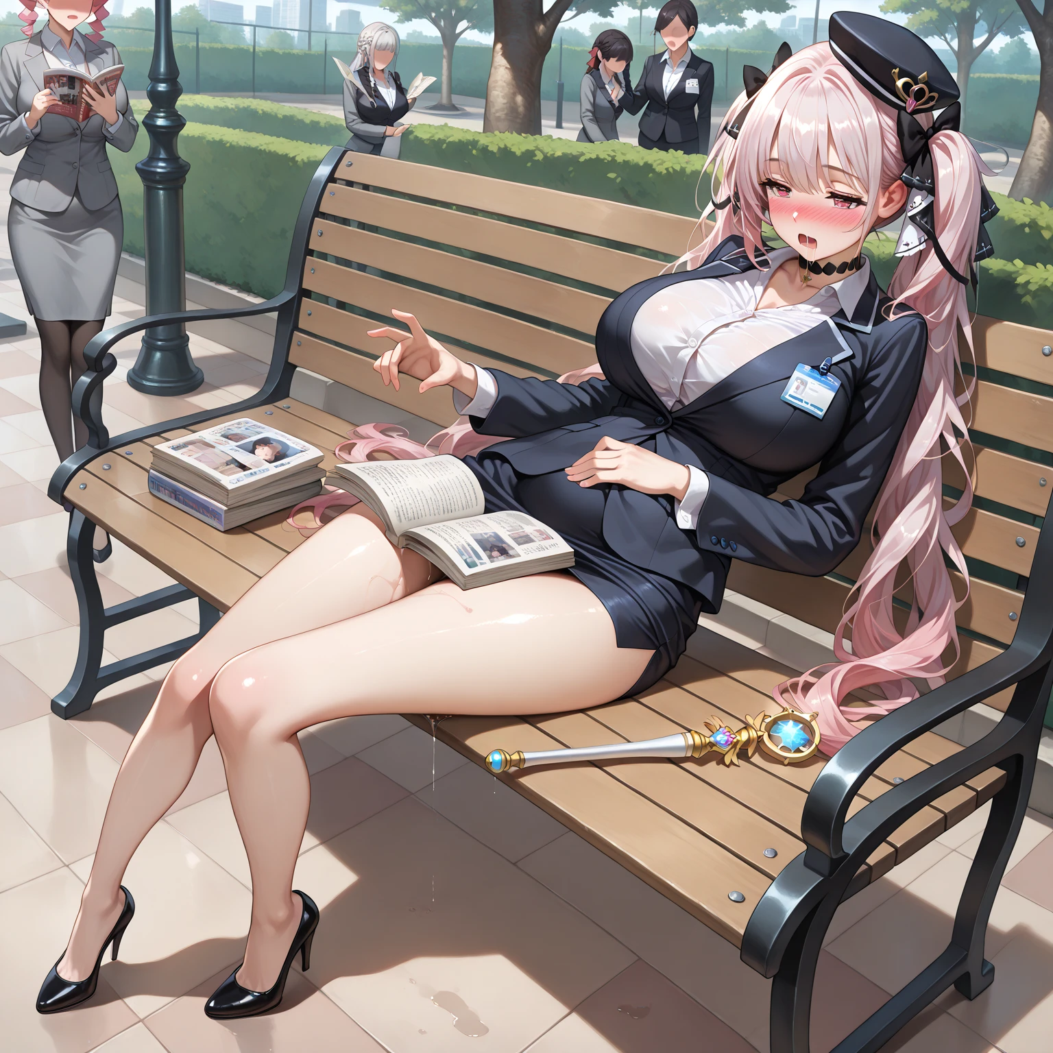 ((Reading safety,masterpiece, top quality, Super Detailed, high resolution, beautiful detailed face, beautifully detailed eyes, perfect hands)), (Female 1, solo), smooth skin, colette,   pink eyes,multi colored hair, silver hair, pink hair with long n sleeves,  twintails,hat,hair ribbon, , braid, black choker, white shirt, collared shirt,  Black skirt, black business jacket,micro skirt,huge_breasts, , ( lifts his skirt), Stretched legs, (are drunk, slumber, full blush from under saliva), (1 lady , faceless,Touch an office lady's body), (Lie down on a bench, sleeping, long legs, Daytime park,Early in the morning, good ,, rolled magic wand,Former Magical Girl OL), (full body),nsfw,