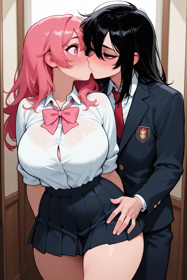 masterpiece (((1 man))) 1 girl, male and female, pink hair, long hair, green eyes, big breasts, big nipples, NSFW (orgasm) (heart eyes) ((A man fondles a woman's breasts from behind)) Breast Grabbing Uniform Blazer (((deep kiss)))