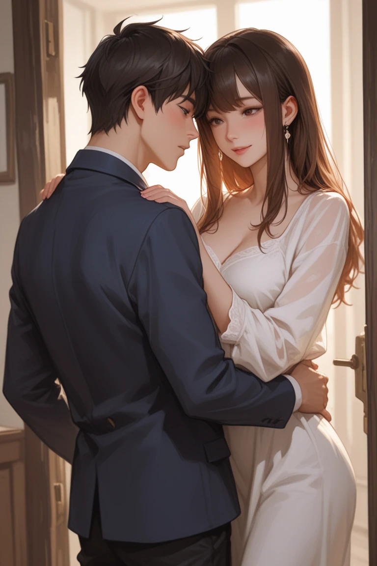 (masutepiece, Digital Art, Digital Illustration, 4K, 8K, Ultra-detailed, beautiful image, Sharp Image, Photorealistic, Raw photo, Perfect face, Perfect lines, Perfect eyes, Soft lighting) 1 woman, (lightbrown hair,Chignon Hair,Innocent look,drooping eyebrows,drooing eyes,with round face,Round jaws、Innocence,cute little,big eye,natural make up,kindly smile,E-cup,23 y-o woman:1.3),Two handsome men in suits, (ember,Men in suits,well-muscled,Firm shoulder width,Adult male,Boyish hairstyle,Man in his 30s with a cool expression,28-year-old man with bright smile:1.2),Flower Shop,In the storefront of a florist,Flower Cottage,colorful flower,Skinny Denim,white  shirt,(Nervous,be shy,sleepy,embarrassed from:1.1),the kiss、kiss、a couple、couple kissing、Romance、Romance、ssex、have sex、Wet pubic area、insert 、Rape、Overflowing、A slight smil、Florist full of light,wretched、独奏,Full body painting,(One Girl And One Man,Having sex:1.5),(ember,Adult male,Rubbing the girl's boobs:1.2),Cheek dyeing、gasping face、embarrassed、boredom、begging、Unhappy、Greedy expression,Wet pubic area、 xen、Open your crotch wide、Cowgirl、Fluttering chest、Wet shirt、Lace underwear、Take off your underwear、Sheer nipples、Pull up your skirt、Show panties、Plug-ins、 Plug-ins、penetrated by genitals、Take off your underwear and show your chest、Spread your legs wide and show off your wet genitals、Looking at the camera、Glowing face、Drenched in sweat、Milk gets on the face