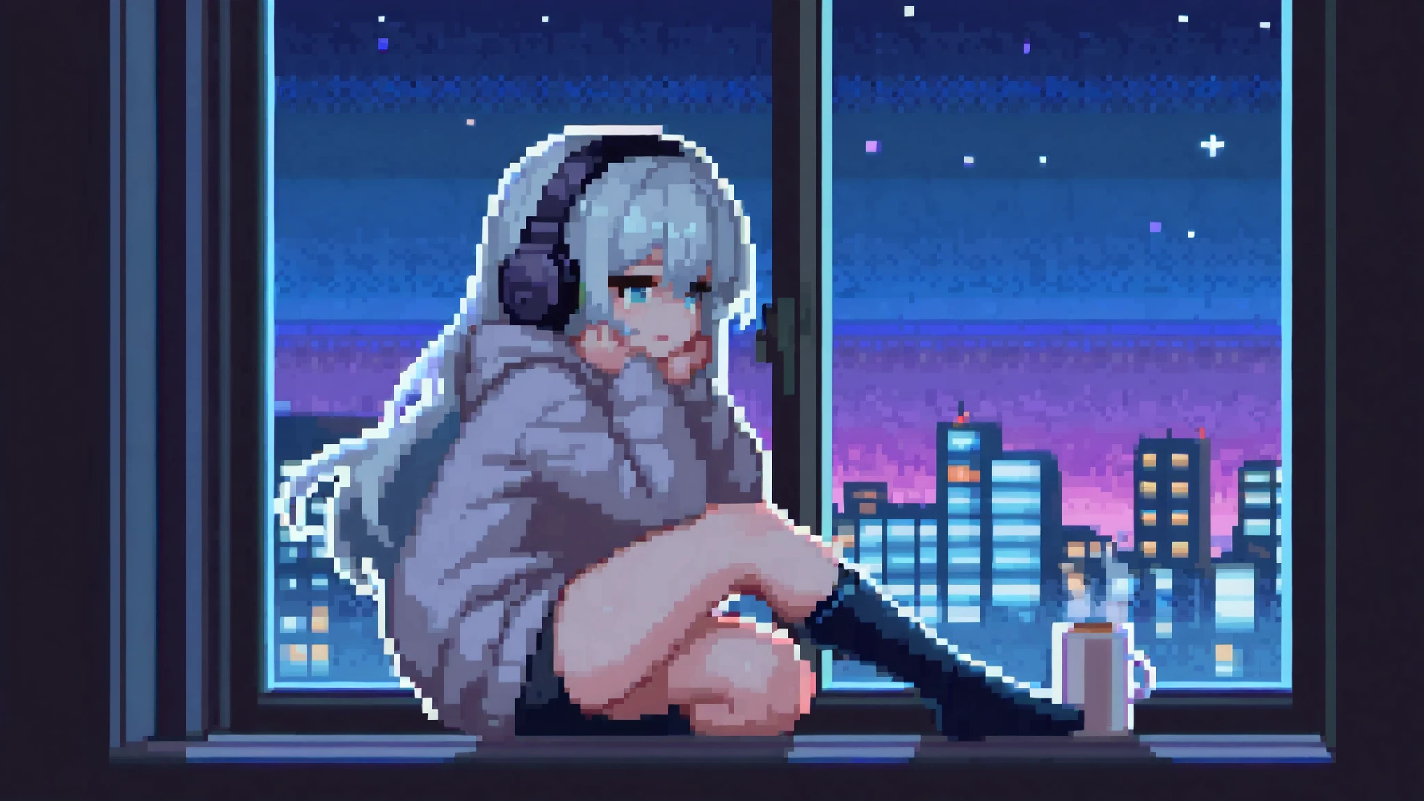 pixel art of a calm girl with long hair and headphones, sitting on a windowsill at night, looking out at the glowing city skyline, soft neon reflections on the glass, warm cozy lighting inside the room, wearing oversized hoodie and socks, cup of tea or coffee beside her, relaxed and peaceful expression, lo-fi phonk atmosphere, starry sky outside, purple and blue tones, gentle mood, peaceful night energy --ar 16:9