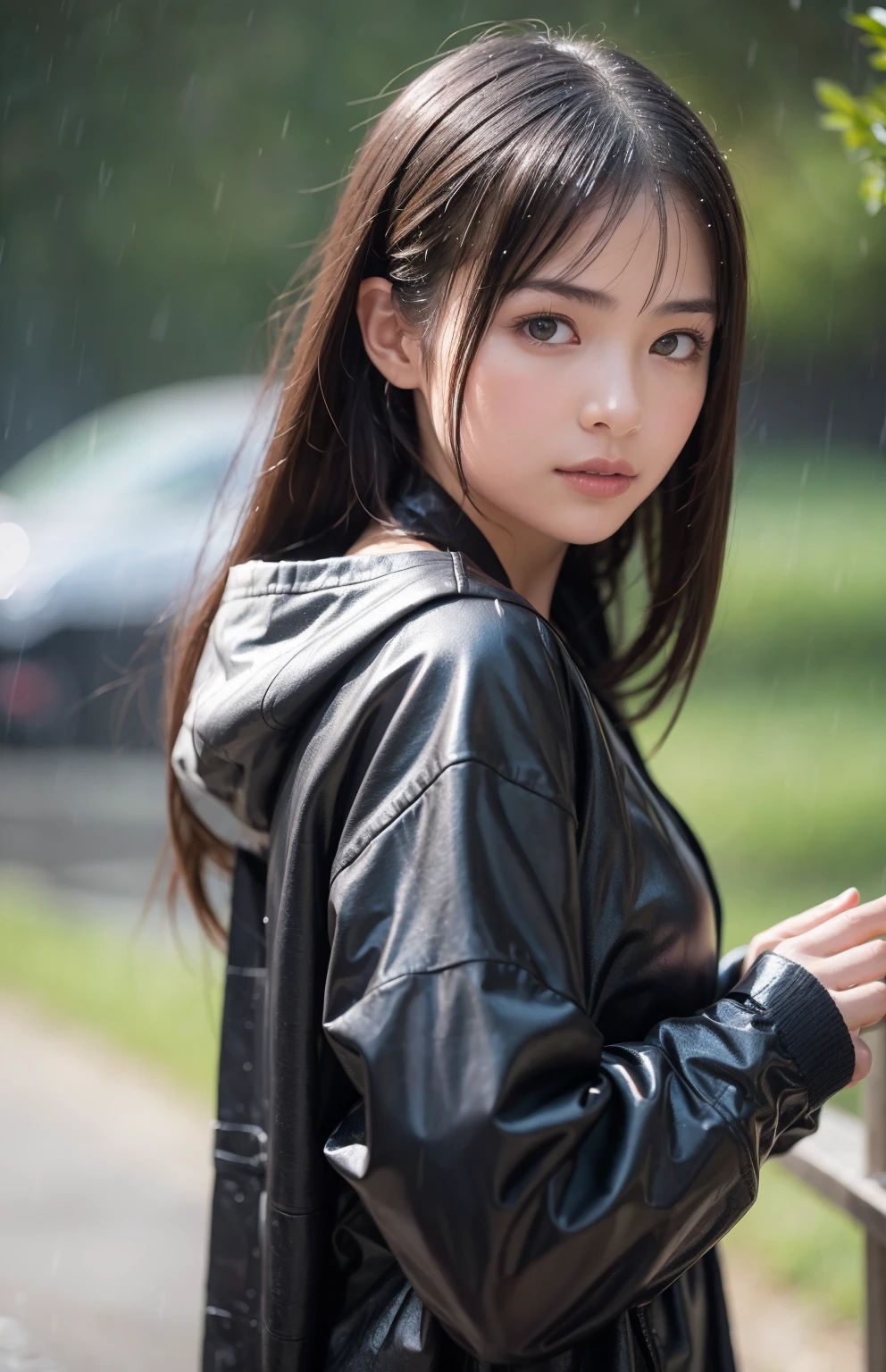 (masterpiece:1.2), ultra detailed, ultra high res, (realistic, photo realistic:1.37), high detail RAW color photo, professional photograph, an extremely delicate and beautiful, extremely detailed, 8k wallpaper, Amazing, finely detail, huge file size, extremely detailed beautiful girl, extremely detailed face, extremely detailed eyes, extremely detailed skin, extremely detailed fingers, highly detailed nose, highly detail mouth, Perfect Anatomy, Highly detailed background, (a famous actress of Japan:1.2), (gals:1.5), (flat chest), brown race, dark skin, (heavy rain, water drops, splash:1.3), (wet skin, wet hair, wet cloth:1.2), hoodie, hood up, (hot pants:1.2), downtown, dynamic lighting, full body, looking back,