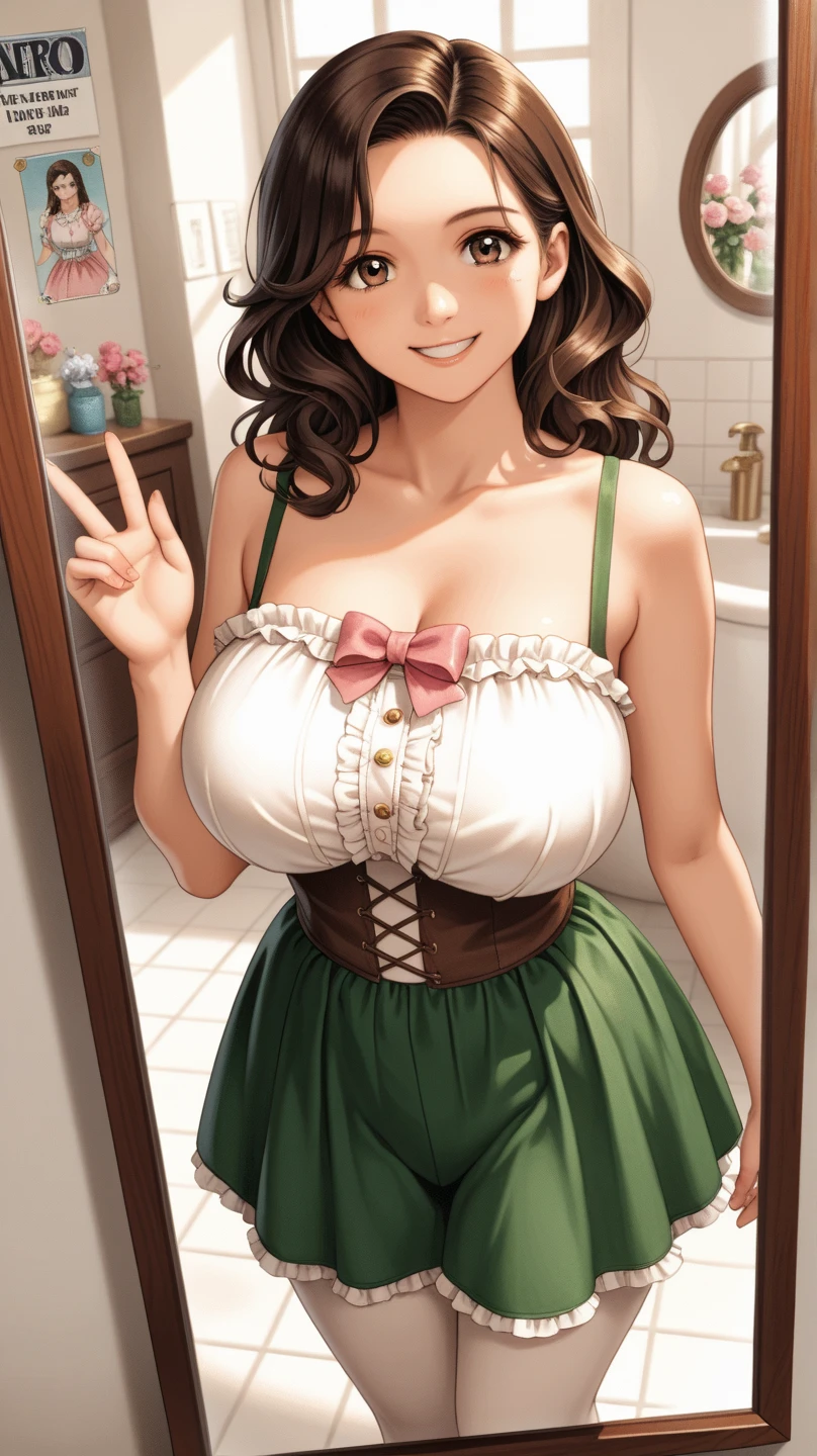  (masterpiece, mejor quality,  Clear focus, shadow, anime-style, ultra high resolution, 8K, perfect anatomy, rostro perfecto, (detailed face), (  Detailed eye  ), score_9, score_8_above, score_7_above, score_6_above, score_5_above, score_4_above,  source _animated, Label 1, Label2, quality_masterpiece, Anatomically Correct, beautiful face, rostro perfecto, Beautiful and highly detailed face and eyes, Attractive face, detailed face, Delicate facial features, detailed skin, huge breasts, breast size cup D or DD, wide hips, gigantic butt, thick thighs. looking at the spectator. Anime-style illustration of three young girls posing seated in a retro-decorated bathroom, wearing traditional Bavarian dirndl costumes. They all wear dresses with brown corsets, white blouse with bare shoulders, green skirt with borders florals and details in pink. They wear long white tights with brown and pink bows with flowers. One has long wavy blonde hair, another straight dark brown hair, and the third long shiny black hair. All smile or make decorative gestures in front of the camera. In the background, there is a mirror with a gold frame, vintage posters and stylish decorations from the 50s. iluminación natural suave, cheerful and festive atmosphere. Casual portrait photography.
