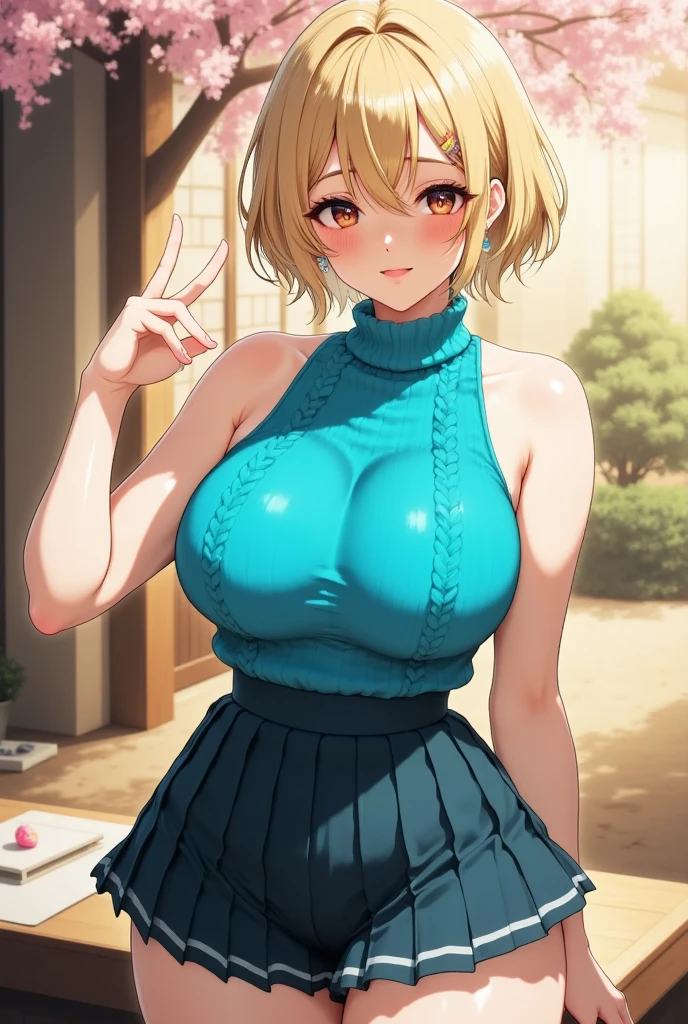 erasa db, 1girl, breasts, solo, jewelry, cleavage, smile, earrings, looking at viewer, large breasts, sitting, pants, bare shoulders, belt, strapless, green shirt, collarbone, blush, shirt <lora:erasa_dragonball:0.8>