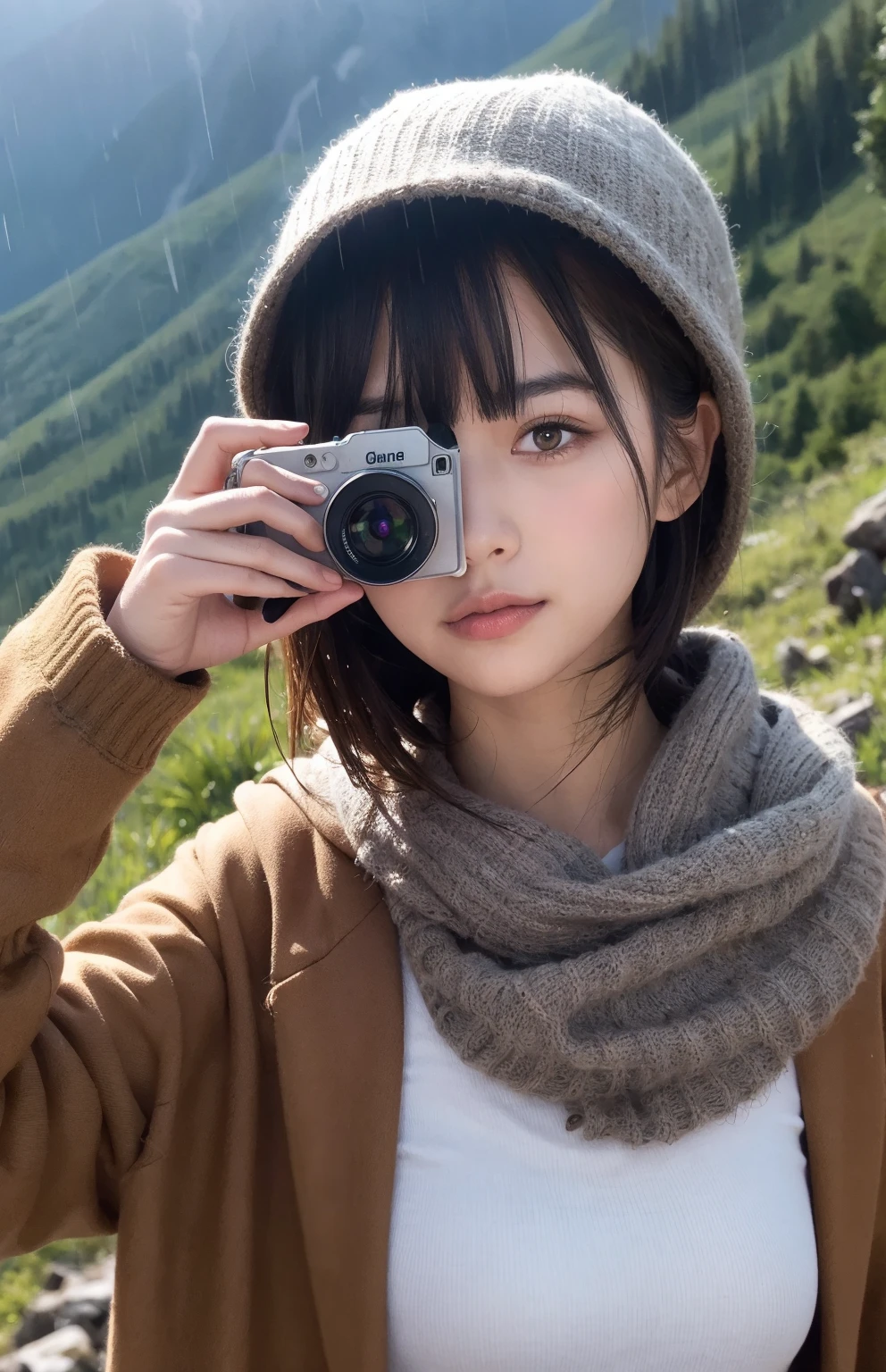 1 woman ((upper body selfie, happy)), masterpiece, best quality, ultra-detailed, solo, outdoors, (night), mountains, nature, (stars, moon) cheerful, happy, backpack, sleeping bag, camping stove, water bottle, mountain boots, gloves, sweater, hat, flashlight, forest, rocks, river, wood, smoke, shadows, contrast, clear sky, analog style (look at viewer:1.2) (skin texture) (film grain:1.3), (warm hue, warm tone:1.2), close up, cinematic light, sidelighting, ultra high res, best shadow, RAW, upper body, wearing pullover