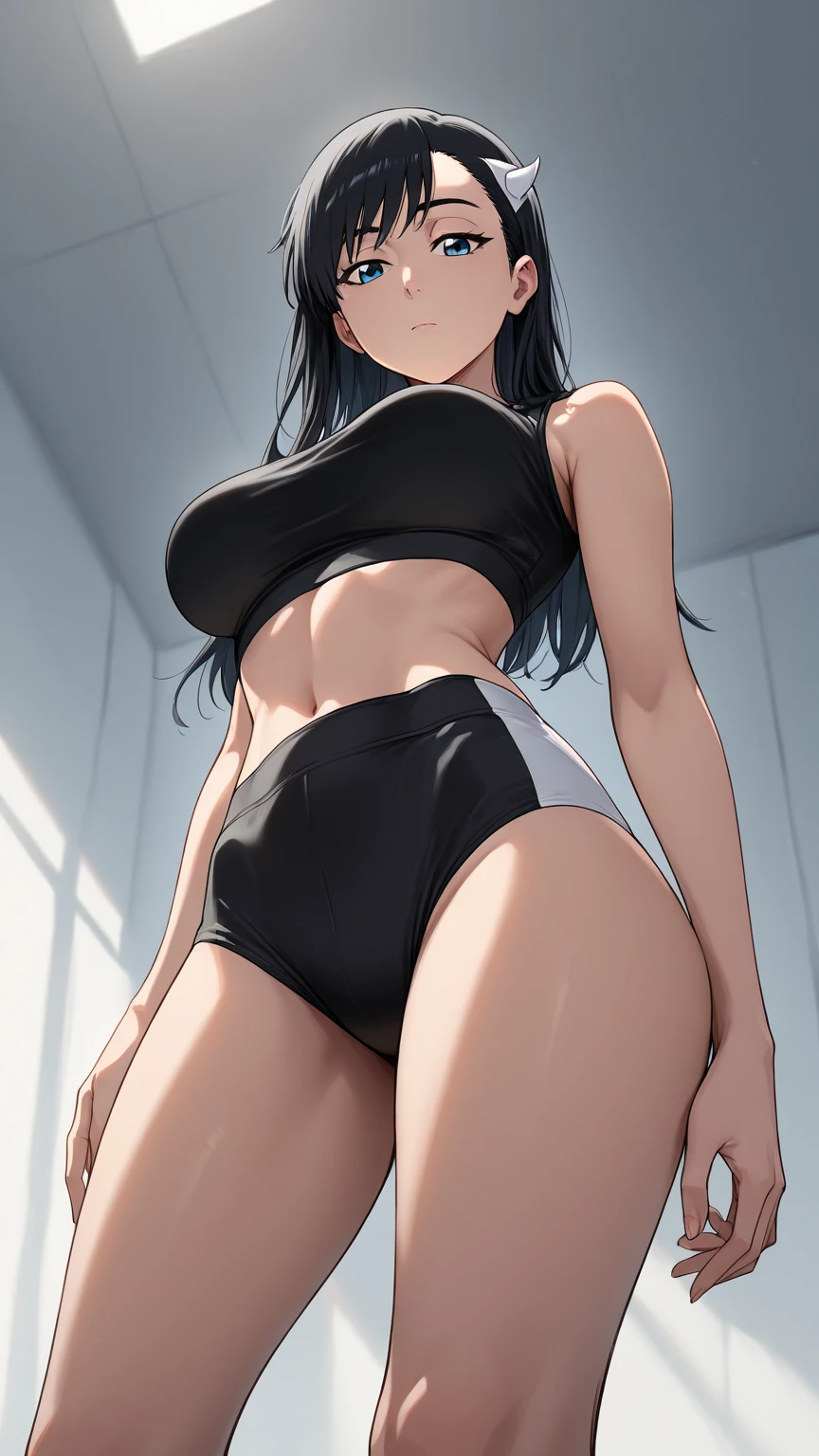 1 girl in public, awkward crying, bangs, body, perfect slender body, girl, black hair tied in a side ponytail, sensual cleavage, round breasts, very tight blouse, transparent blouse, micro shorts 1.4, Ultra HD, 4k image, glasses, camera above the character, view from above, tight shorts, V panties, red panties, low waist panties, tight miniskirt