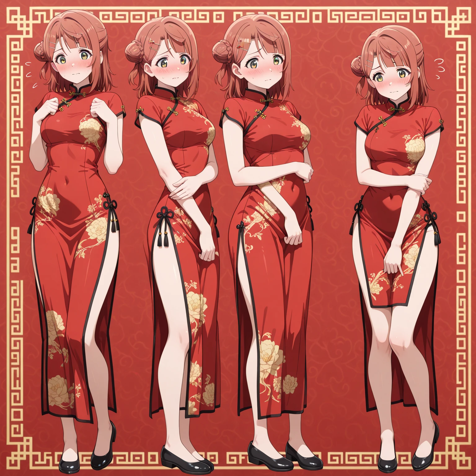 poster, (masterpiece, best quality),Black Hair(rich and colorful),(Stunning details),Standing front,Anatomically correct,Precision drawing,Detailed view,Luxury, girl lotus pose:1.6, lotus po station:1.6, (Short red cheongsam:1.5),(Black Silk:1.5),Smile,Blank background