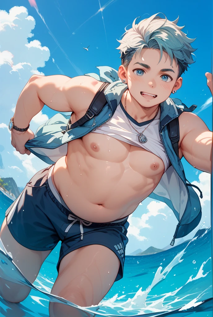((androgynos)), beautiful, (very short hair), (pudgy face), nipples, (belly button), ((boyish)), (cute), (chubby), belly, (sexly), (beefy), ((mischievous)), (handsome), (naughty smile), (Canines are visible), (swimsuits), (in beach), (Peeping), (Open your mouth), (Crouch down), (tan), obesity