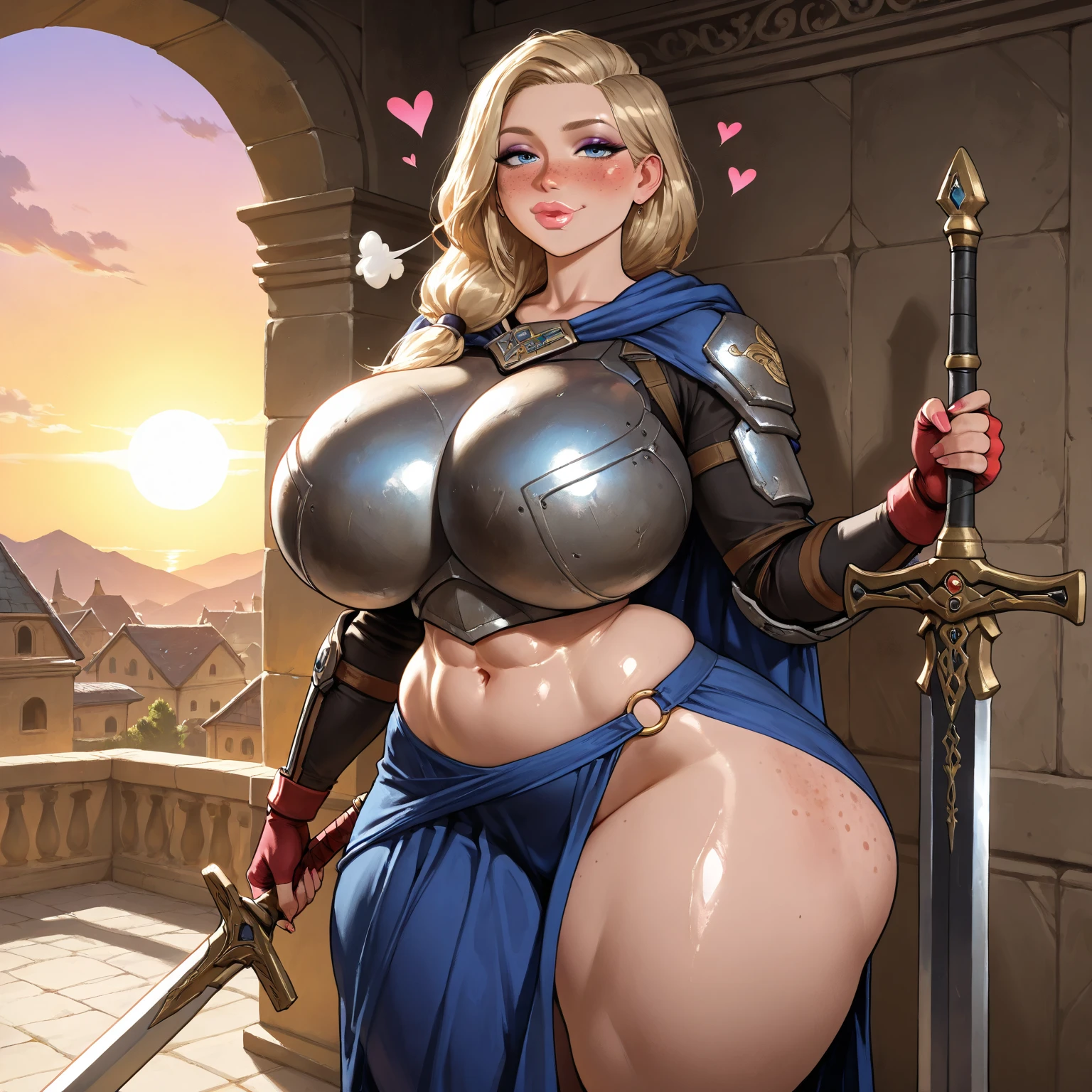 Medieval fantasy mercenary bimbo lady, mature woman, sexy, long straight blonde hair, hair covering one eye, big puffy bimbo lips, pouted lips, squinting eye, ((NSFW)), ((Full body)), ((gigantic breasts)), ((sagging breasts)), wide hips, thick thighs, huge ass, detailed background, 