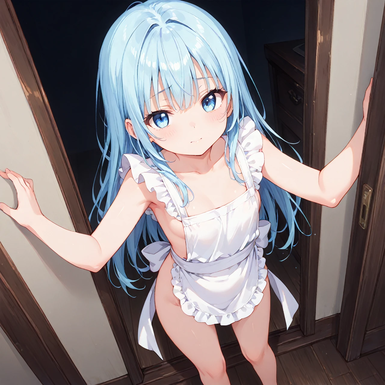 Long silver hair, green eyes, headband, necklace, small, maid dress, Topless, beautiful thighs, smile, happy, inside house