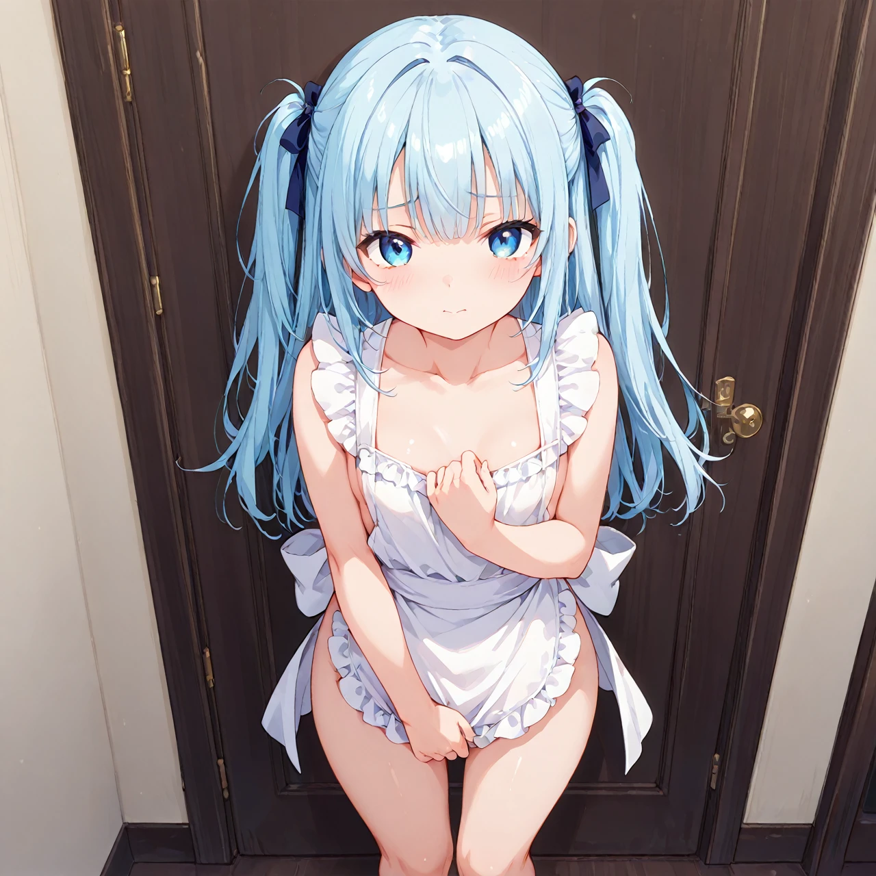 Two 10-year-old, Japanese elementary school girls, 110 cm tall and small titsed, (Flat chest), are walking to school wearing Baby blue high cut micro mini skirt, nothing on the top, (navel-baring), (Baby blue bra, Baby blue high cut panties), and carrying randsel,