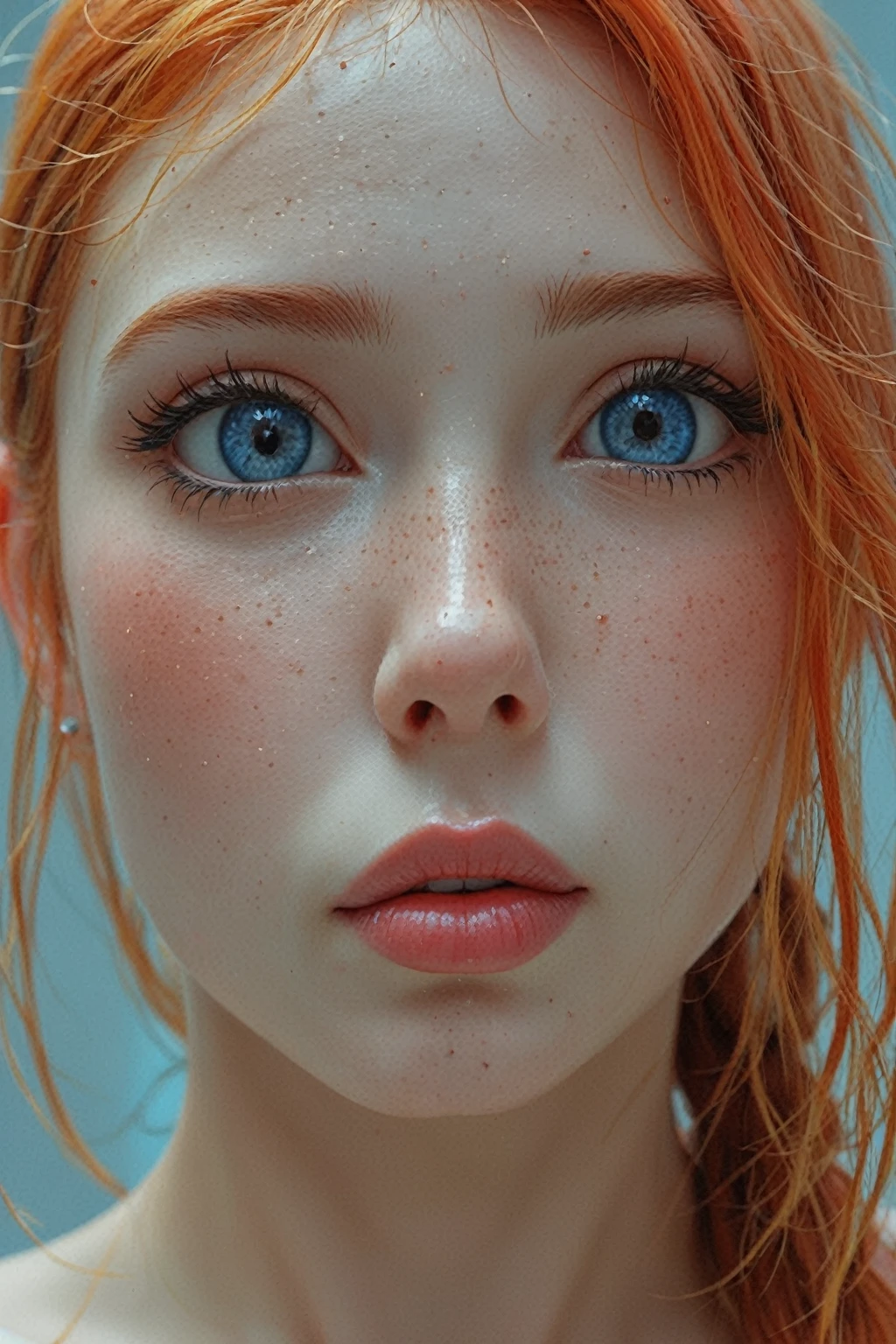 (8k, RAW photo, highest quality), beautiful girl, close up, dress, detailed eyes, beautiful eyes, (looking at the camera:1.4), (highest quality), (best shadow), intricate details, interior, ginger hair:1.3, dark studio, muted colors, RAW candid cinema, 16mm, color graded portra 400 film, remarkable color, ultra realistic, textured skin, remarkable detailed pupils, realistic dull skin noise, visible skin detail, skin fuzz, dry skin, shot with cinematic camera