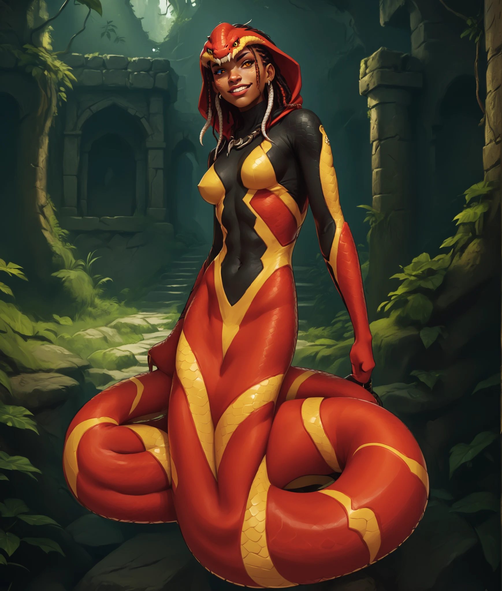 Serious expression. Humanoid snake. Beautiful anthro snake-girl. Slender naga body. Yellow/black/orange/red snake-skin. Cute 18-year-old Naga/Lamia-girl with red slanted eyes and cobra-hood and unnaturally sharp teeth and black dreadlocks with white highlights. She has snake-eyes. Sharp and pointy teeth. She has a cute and beautiful yellow face with leather-skin. She has a round and young face with a pointy chin. Her body is athletic with abs. Her skin is like snakeskin-leather. Background: medieval jungle ruins. Realistic lighting. DnD art-style. fake box art, semi-realistic, Looking at the viewer.