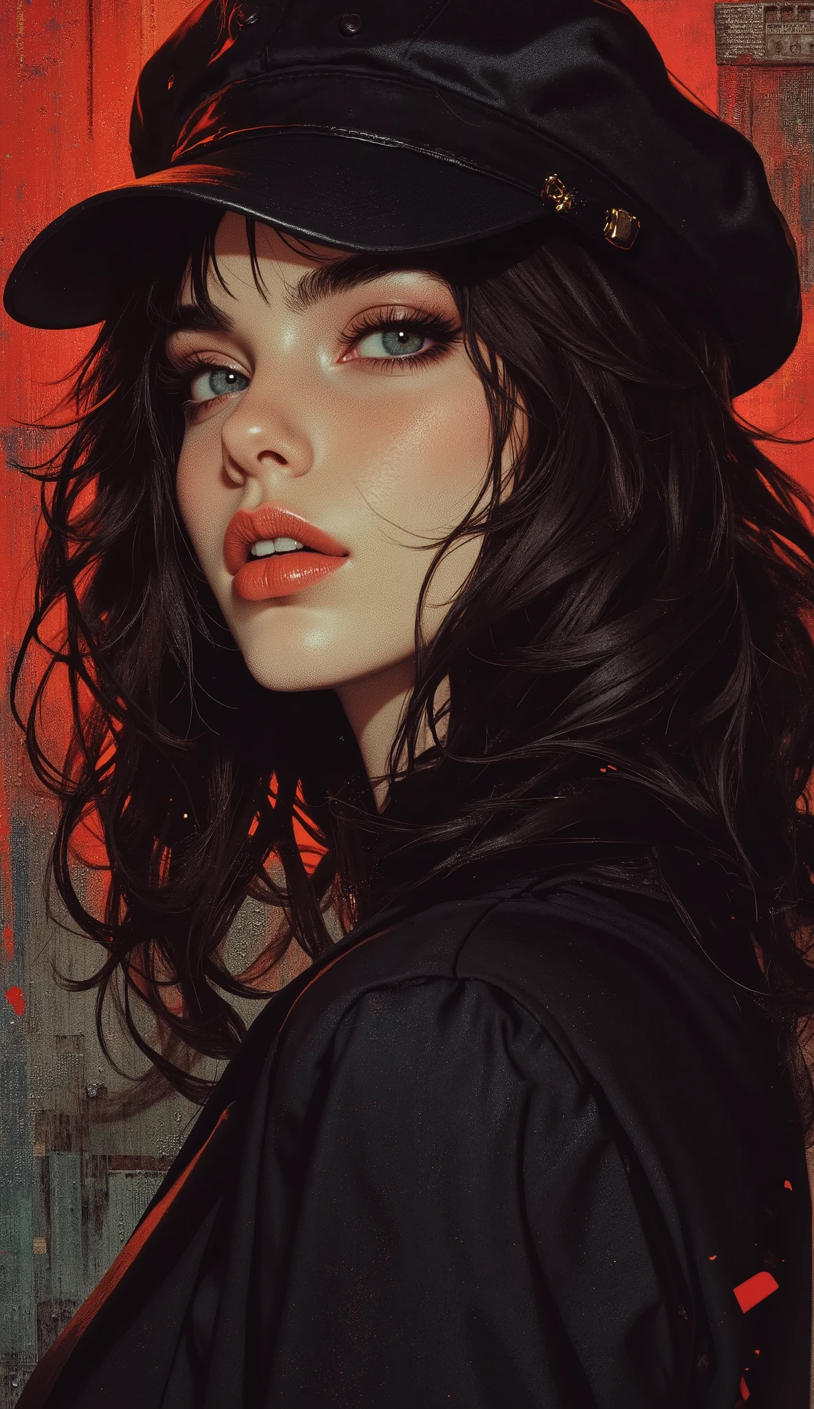 anime artwork (dark mood masterpiece Photography:1.2) a young woman with beautiful eyes, bold eyeliner sensuous lips, cheeky expression, naughty, flirting, (smiling:0.65), wearing a black suit, back hat cap, long wavy hair, black hair, (fine erotic content:0.65), photography masterpiece, modern, irresistible beauty, unusual composition, rule of thirds, highly detailed, hyper detailed photography, cinematic shot,extreme close-up,light painting . anime style, key visual, vibrant, studio anime, highly detailed