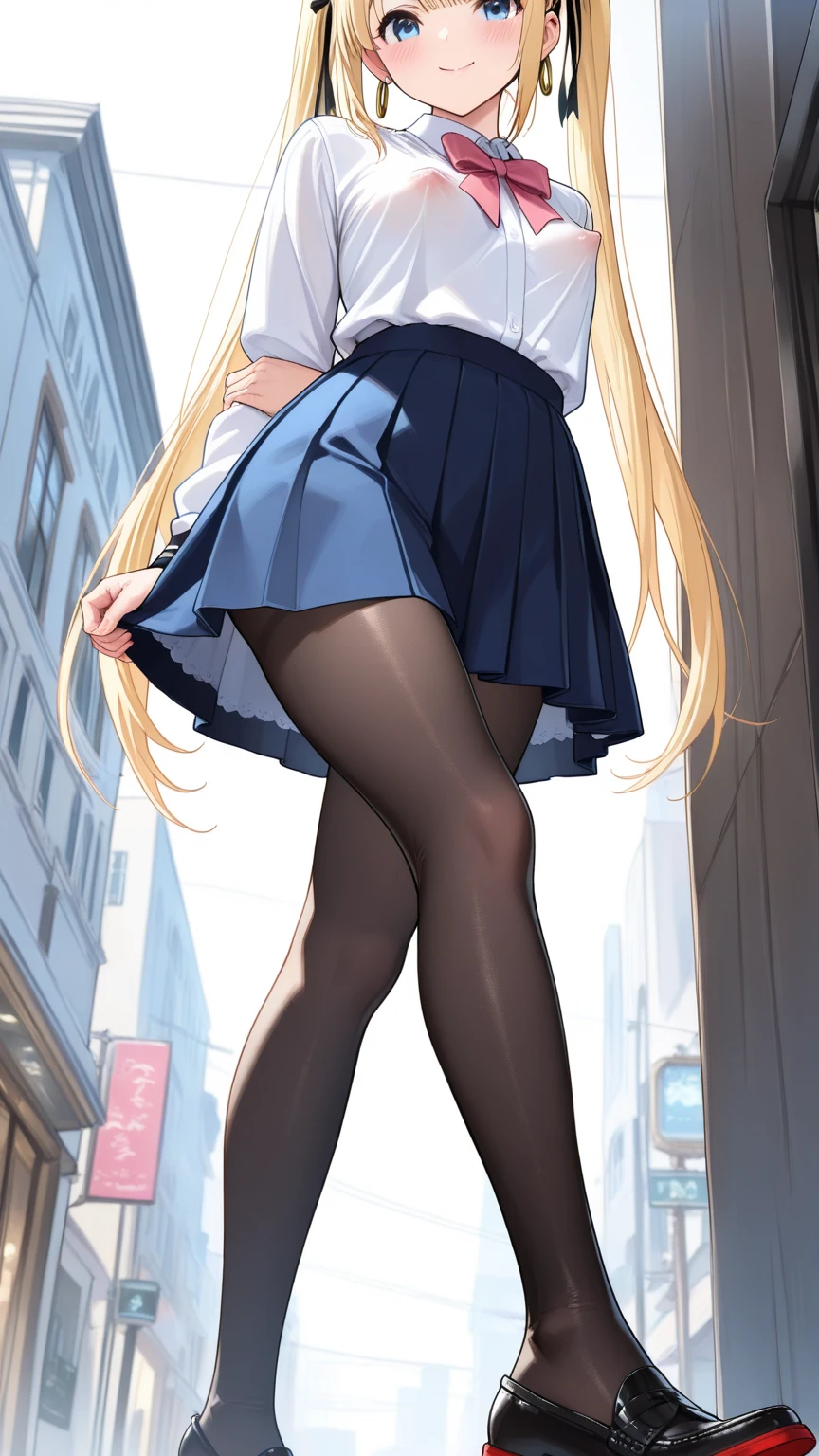 1girl, pantyhose, skirt, solo, shirt, white_shirt, looking_at_viewer, black_footwear, pencil_skirt, ass, black_skirt, long_sleeves, necktie, eyewear_on_head, smile, long_hair, sunglasses, office_lady, breasts, black_pantyhose, closed_mouth, bangs, collared_shirt, pink_eyes, red_necktie, ponytail, black_pantyhose, miniskirt, white background, simple background, sidelocks, hair_intakes, leaning_forward, from behind, ass, arm on own ass, spreading own ass, grabbing own ass, full body, high heels, kneeling