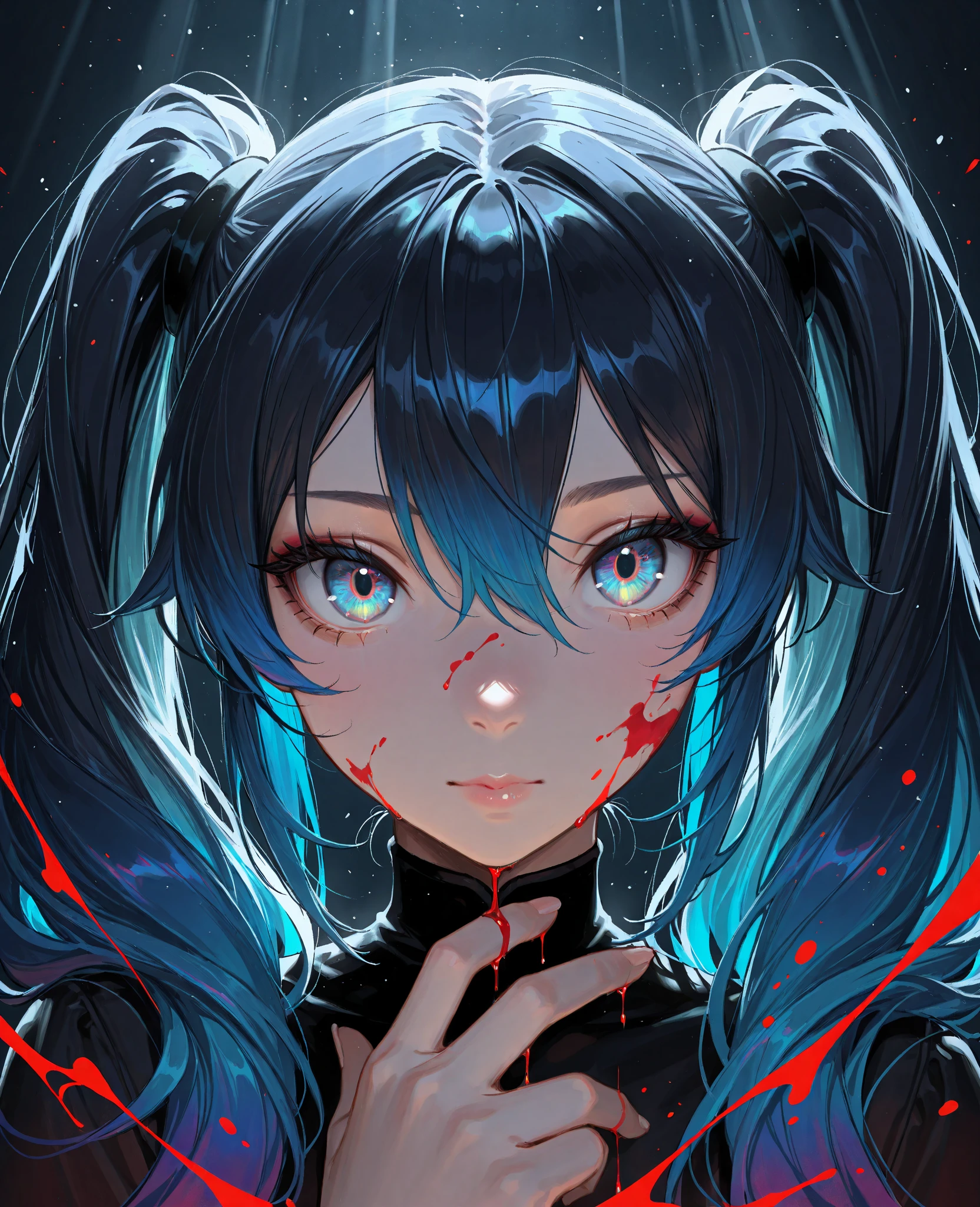 an anime girl, with long blue hair, medium-large pink eyes, black clothing and a band around the neck and arm, and a little covered in blood, since she is a murderer.