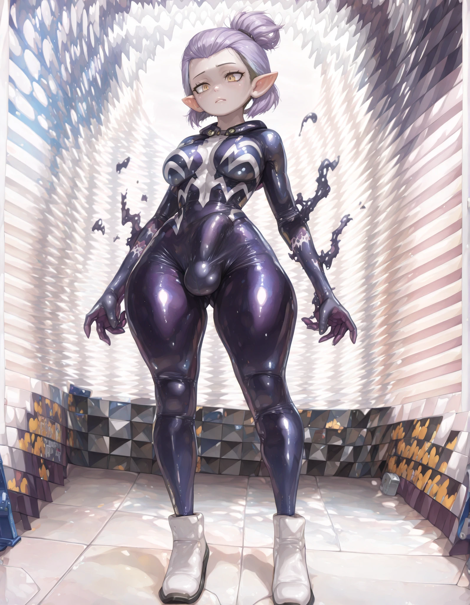 Ultra-detailed illustrations、Ultra-precise expression、masterpiece、Highest quality、ultra High resolution、High resolution、Hiromitsu Takeda Style、White background、Simple Background、One girl、solo、Mash Kyrielight、light purple hair,short hair,hair over one eyes、Rider Suit、purple heel boots、Purple eyes、Open your mouth、blush、Large Breasts、Big Breasts、Erect nipples、Choker of Hearts、White Breath、Sweat、Glowing Skin、shiny skin、Front angle、View your viewers、