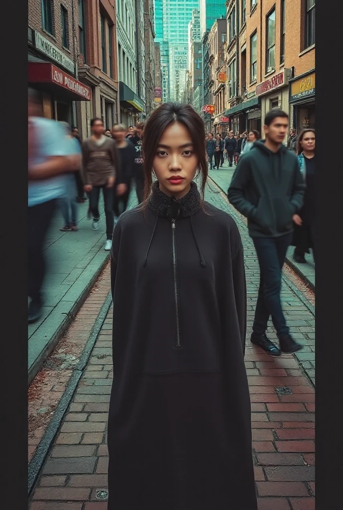 (35ml Film Photo:1.2), (Photorealsitic), huge filesize, hight resolution, Highly detailed, top-quality, [​masterpiece:1.6], illustratio, ighly detailed, nsfw, finely detail, top-quality, 8k wallpaper, cowboy  shot,Girl walking in dimly lit alley of big city、(1 girl in), 24 age, Japenese mix race, ((Slim figure1.4)), ((small  breasts 1.4  )), shylsmile, (Japan Black High Neck Bodycon Dress,Black High Neck Bodycon Dress,Black Japan High Neck Bodycon Dress:1., Black boots), A narrow alley lined with Western-style izakayas, dynamicposes(Film photographic:1.4), (ultra-film photographic: 1.4), (Realistic: 1.3), (Smooth lighting: 1.05), (Improved cinematic lighting: 0.9), Realistic lighting, Backlight, Face Light, raytrace, (Whitening light:1.2), (Image enhancement:1.4), (Top quality real skins:1.4), (Body Line Mood Increase:1.1),  (Skin Texture Enhancement Beauty:1.1),