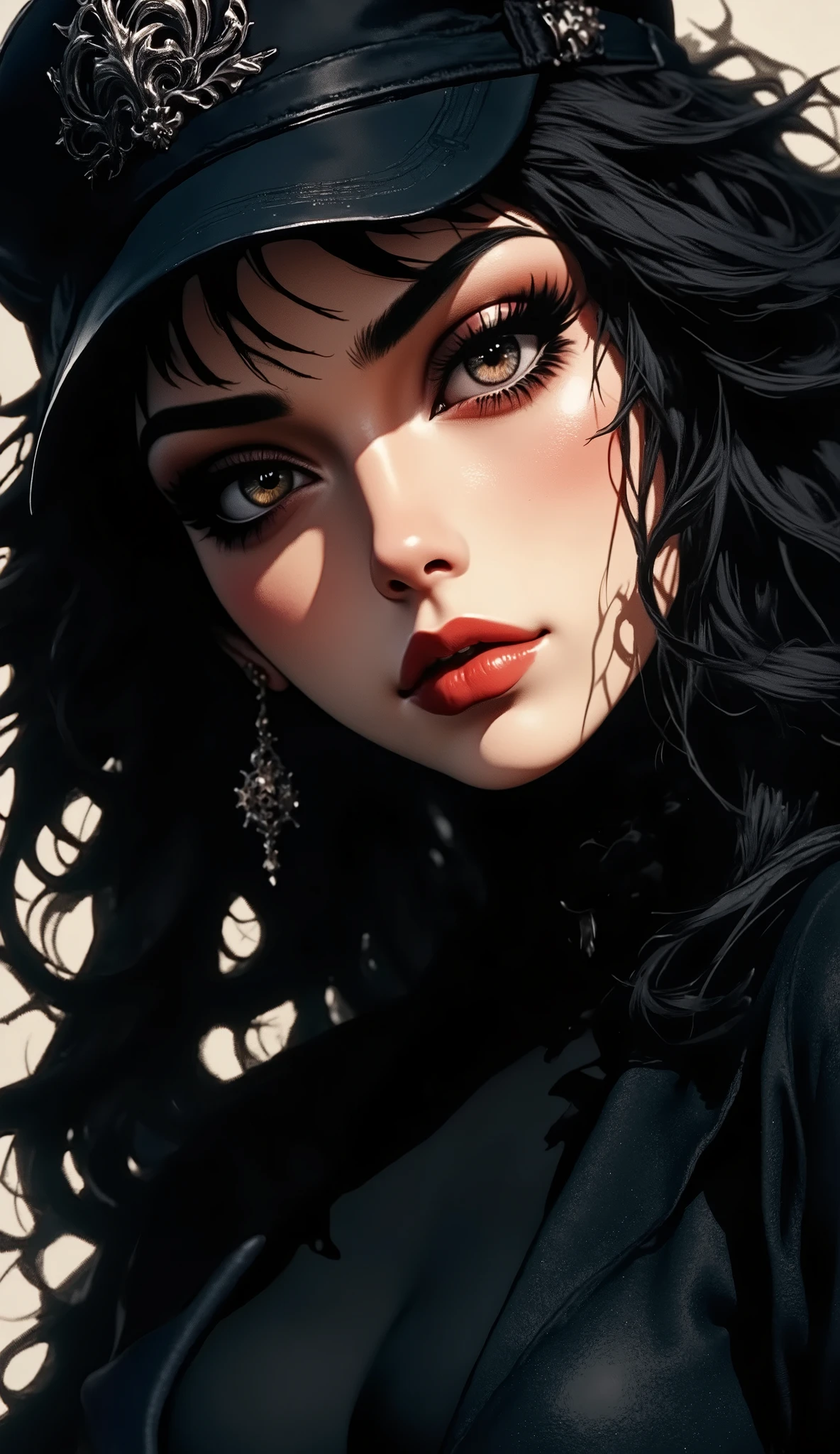 anime artwork (dark mood masterpiece Photography:1.2) a young woman with beautiful eyes, bold eyeliner sensuous lips, cheeky expression, naughty, flirting, (smiling:0.65), wearing a black suit, back hat cap, long wavy hair, black hair, (fine erotic content:0.65), photography masterpiece, modern, irresistible beauty, unusual composition, rule of thirds, highly detailed, hyper detailed photography, cinematic shot,extreme close-up,light painting . anime style, key visual, vibrant, studio anime, highly detailed