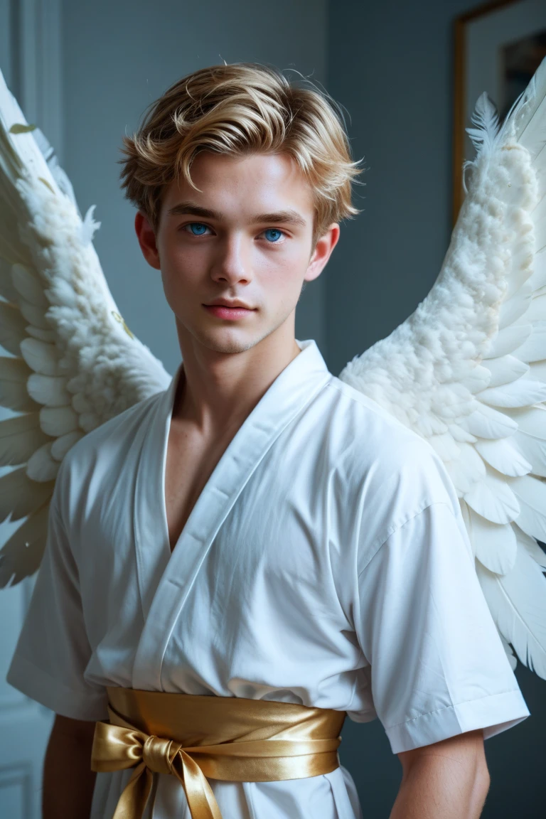 portrait of a young man, artistic portrait, pillow, white feathers in the air, naked torso, toned body, Greek face, handsome boy, super model boy, cinematographic, perfection, masterpiece, photo shoot, blonde hair, pale skin, blue eyes, focus on the face, focus on the boy, illuminated face