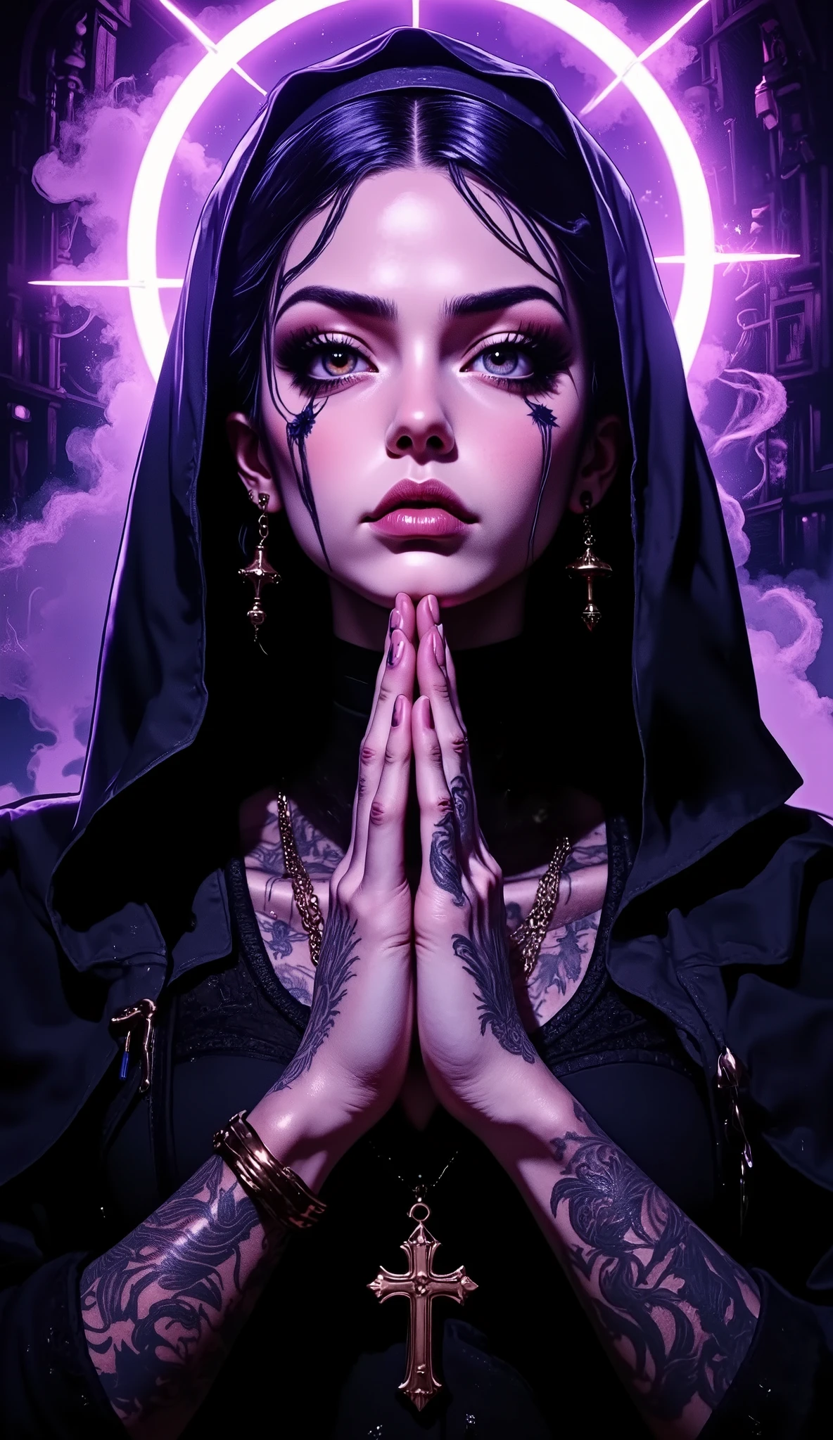 A dark, gothic portrait of a tattooed sexy nun with a modern twist. She prays with her hands raised to her face. She wears traditional nun attire with a black veil, her hands adorned with intricate tattoos. A glowing purple halo encircles her head, creating a striking contrast against the dark background. Her expression is calm and defiant, with smoke softly drifting behind her. She wears a large gold cross necklace, adding a bold religious symbol to the image. The lighting is moody and dramatic, with detailed shading and a blend of religious and rebellious themes. neon