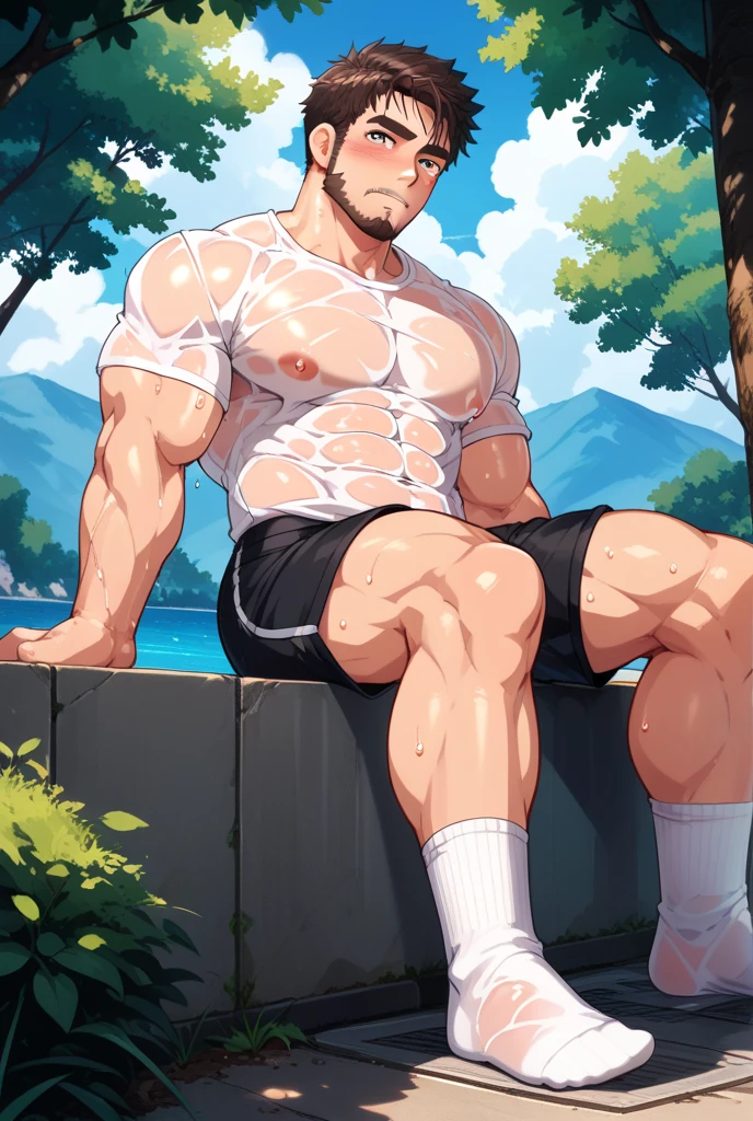 Roronoa Zoro semi naked in boxers blushing, embarrassed sitting in a park
