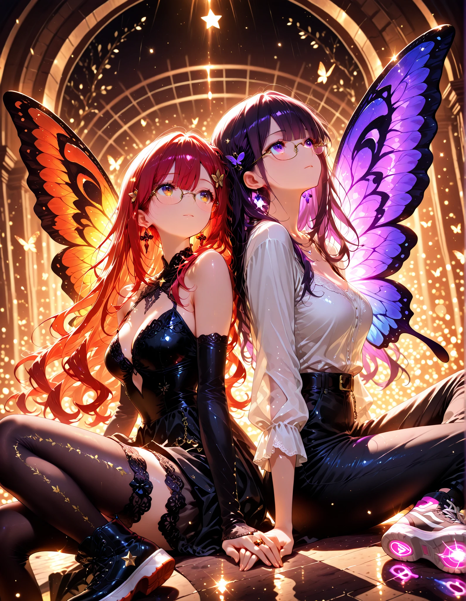 (masterpiece:1.3), (highly detailed image:1.3), (vivid colors:1.2), (4K resolution), (cinematographic photography:1.3), (dynamic angle:1.2), (perfect human anatomy:1.3), a couple of two beautiful women, one with long red hair wavy at the ends, a butterfly-shaped hair clip with purple and gold details, wearing a white lace dress, black mid-calf boots, purple eyes; the other with long dark hair, wearing glasses, a white blouse with black dress pants, black All Star sneakers, brown eyes; ((the scene shows one sitting back to back, holding hands)), heads touching, one looking up and the other looking down; in the silhouette of each, a projection of a huge butterfly wing coming out of each one's back; small butterflies flying around the scene; (perfect lighting:1.3), (ray tracing:1.2), (physically accurate shadows:1.2), (lighting in the hair:1.3), harmonious atmosphere like a sweet surreal dream in the background, (warm tones:1.2), (beautiful and vivid colors:1.3)