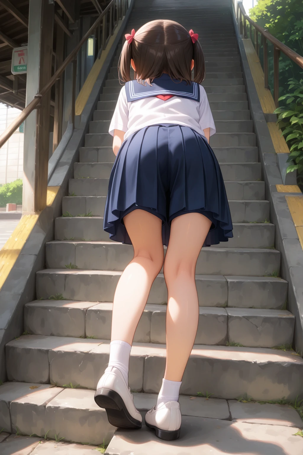 (masterpiece:1.2, top-quality), (realistic, photorealistic:1.4), beautiful illustration, (natural side lighting, movie lighting), 
((from behind:1.2, bottom view)), looking at viewer, , 1 girl, japanese, high school girl, perfect face, cute and symmetrical face, shiny skin, 
(long hair:1.8, straight hair:1.7, black hair), asymmetrical bangs, purple eyes, (large breasts:1.5, thick thighs), (perfect fingers), 
beautiful hair, beautiful face, beautiful detailed eyes, beautiful clavicle, beautiful body, beautiful chest, beautiful thigh, beautiful legs, beautiful fingers, 
((light blue collared shirts, navy pleated mini skirt, socks, navy tie, light brown cardigan, white thighhighs)), pink panties, 
(beautiful scenery), evening, city staircase, walking, leaning forward, vibrator in thighhighs, climb the stairs, 
((blush,Embarrassing,in trouble, open small mouth)), looking up from the bottom of the stairs, turned around, stick out the butt, pussy,Hand in pantieasturbation、Masturbation、Love juice、Black Loafers