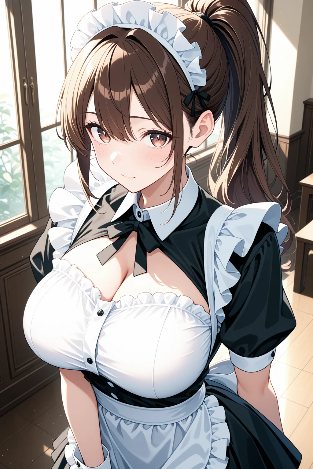 High resolution,masterpiece, Highest quality, Kuo Shenlin , heterochromia , Brown hair, smiling , (((nsfw))) , (((busty))),1girl, sensual body, Her cheeks flushed , maid , shopping , store
