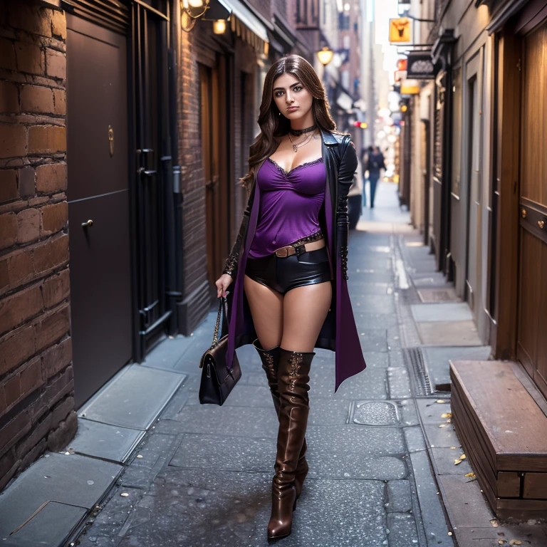 (a fantasy setting,city,landscape),(best quality,HD:1.2),realistic,ultra-detailed,(vivid colors,colorful:1.1,purple and black)*, (beautiful,detailed woman,girl in provocative clothes),(GTA style), (professional,concept artists).