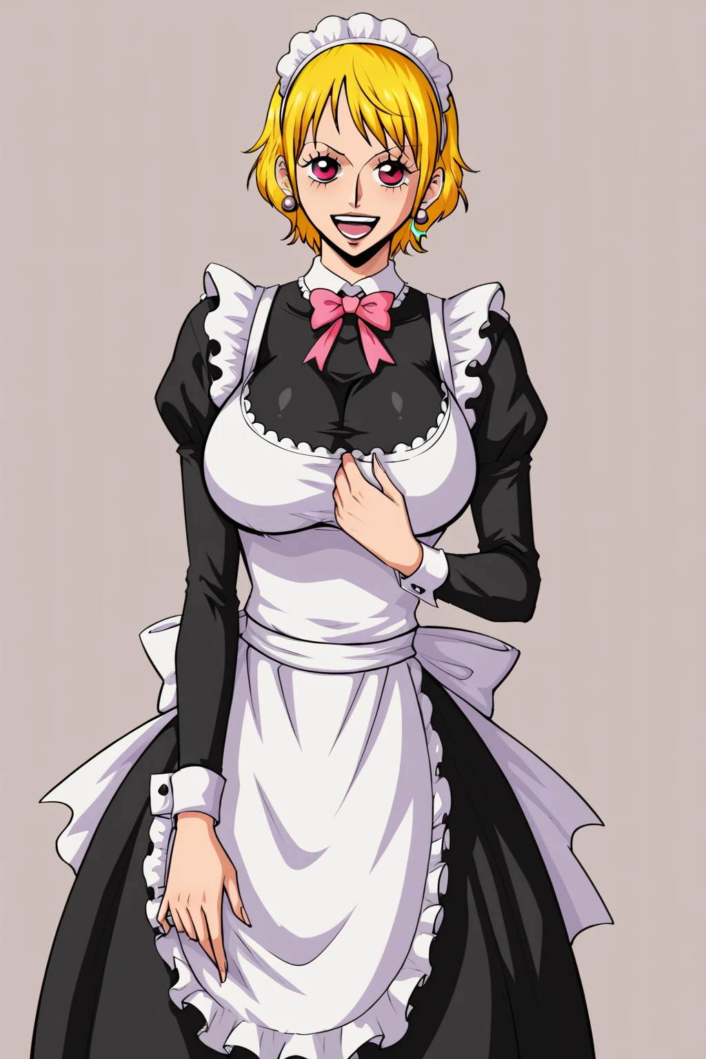 (masterpiece, best quality, perfect hourglass figure, wide waist, blush), busty, portrait, bible black beauty perfect face, flawless eyes, empty gradient background, beautiful lips, full lips, (arms behind back), perfect waist, cowboy shot, perfect hips,, wide smile, sanpaku, concave bangs, round pupils, evil eyes, tan, dark skin, brown skin, short puffy hair, huge breasts, saggy breasts, scarlet hair, GothGal, wearing a GothGal outfi, dress, frills, Android 18, oiled boobs,