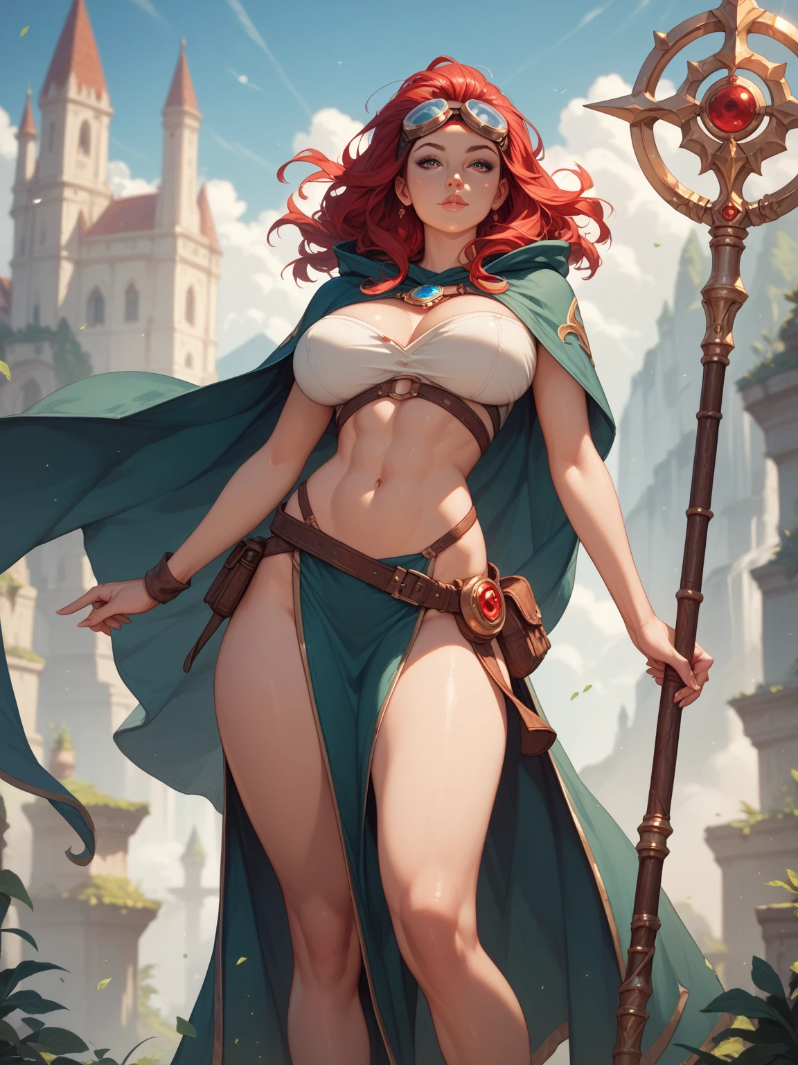 Harry Potter world wizard female in a castle, large breast, incredibly detailed, incredibly muscular, abs, big butt, long red hair, freckles, witch hat, Slytherin robe, Slytherin Dress