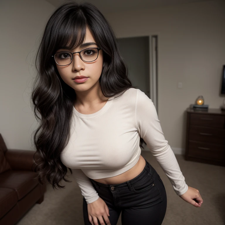 beautiful detailed, cute face, short, , medium black hair, black hair over one eye, glasses, long sleeve T-shirt, long pants, pearshaped wide hips, thick thighs, solo, voluptuous breasts,