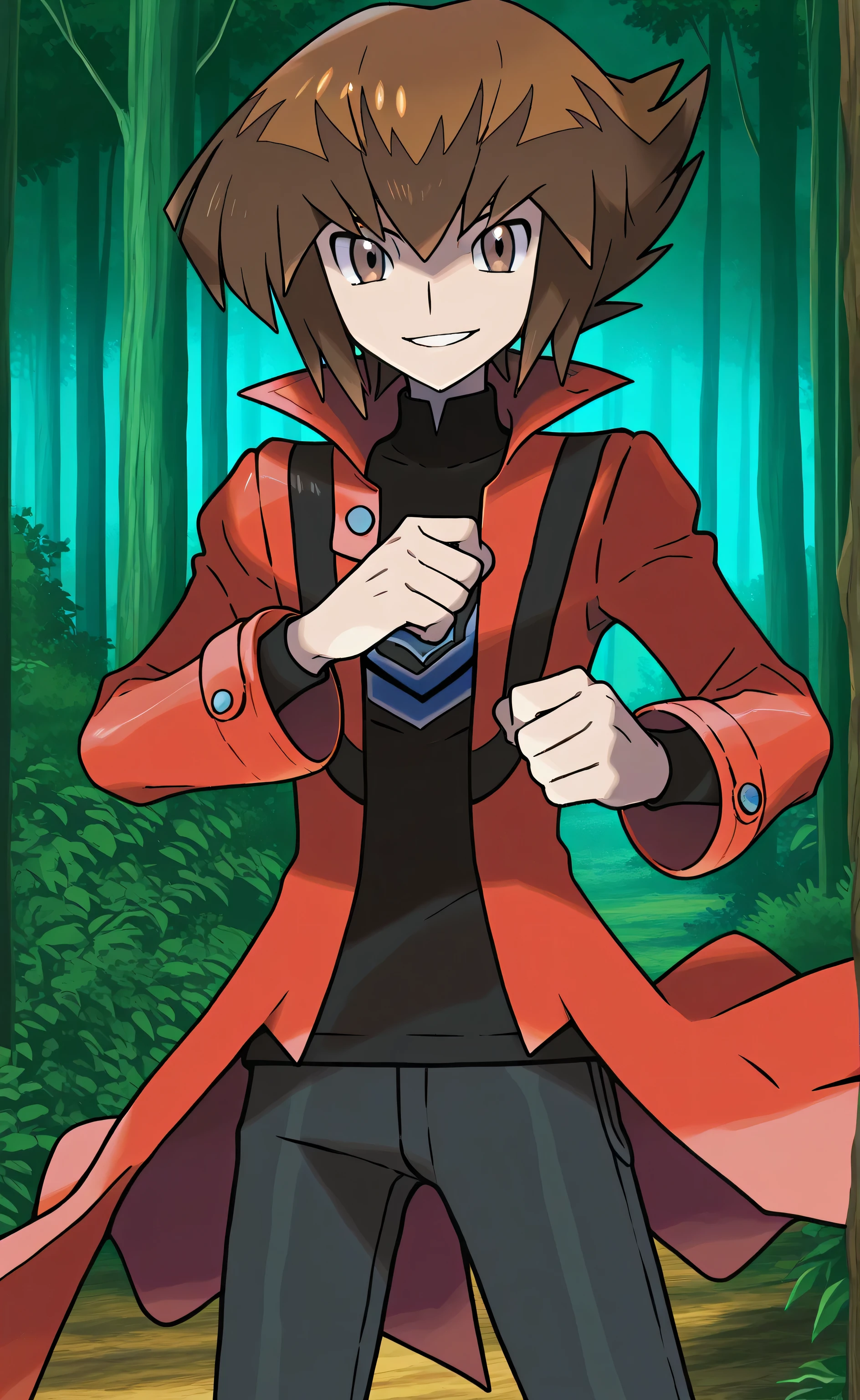1male,solo,Judai Yuk,brown hair,brown eyes,smile,red jacket,black shirt,black pants,forest,Pokemon Official Arts Style