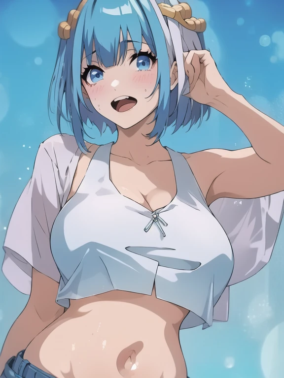 1girl, anime, white_blue_layered_hair, flirty, medium_breasts, swimsuit, white_background, looking_at_viewer