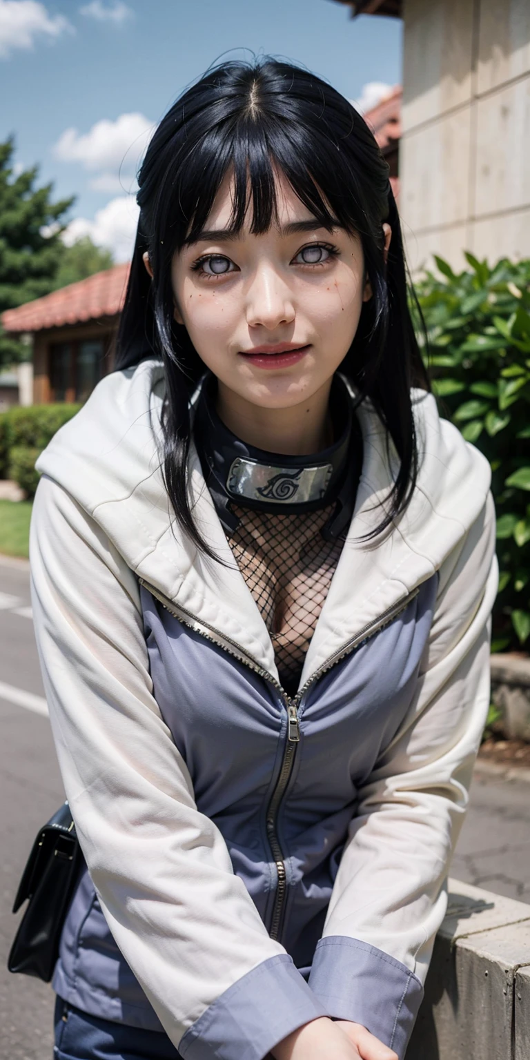(RAW Photo:1,2), (masterpiece:1,3), hinata\(boruto), 1girl, solo, young female, (best quality:1,4), ultra high resolution, 8k, cosplay, top quality, (realistic, photo-realistic:1.37), ultra-detailed, best quality, real person, real life, ultra-high resolution, professional lighting, physically-based rendering, sharp focus, good composition, (bokeh:1.2), (full body), outdoors, looking at viewer, perfect composition, detailed lips, big breast, beautiful face, body propotion, blush, (pink lips), ((long hair)), (purple eyes), soft gaze, sad smile, super realistic, detailed, photoshoot, realistic face and body, realistic hair, realistic eyes, realistic nose, realistic lips, (((dark blue hair))), 25 years old girl,