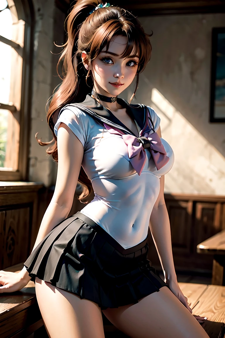 masterpiece, Highest quality, High resolution, Super detailed, smile, Woman with long red hair and bangs, ponytail,Bright Blue Eyes, Beautiful girl, Golden tiara on the forehead,Sailor Warrior Uniforms,Mini Pleated Skirt, Swimwear,Big Tits,(Open your legs and show them)