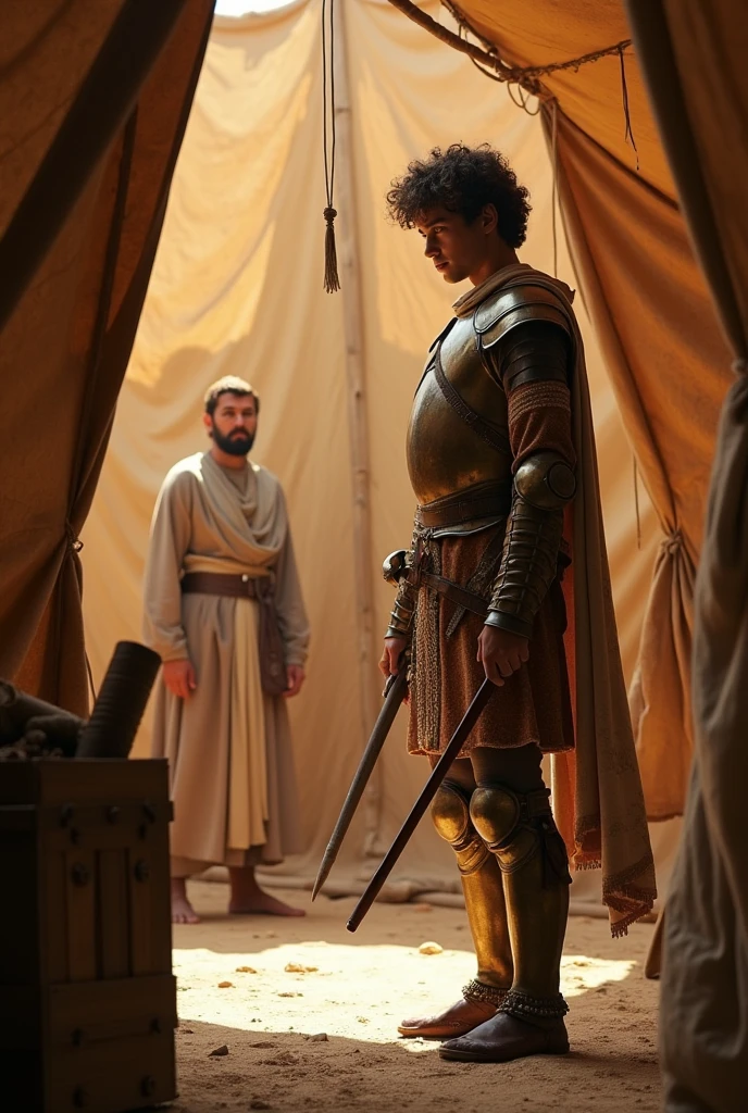 um fladiador com armadura. embraced with his wife and son. back view. ambiente escuro. Ancient times> They're up front.. vistão frontal