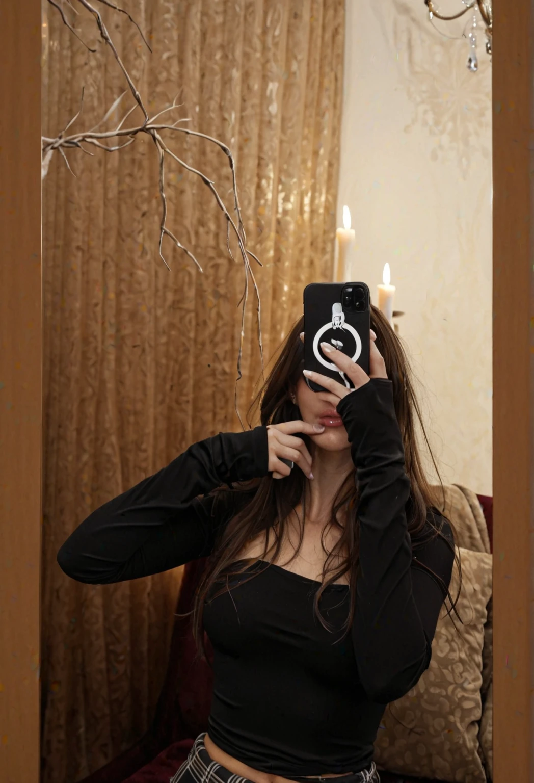 there is a woman taking a photo in the mirror, hands en su cabello, pelo sobre la cara, hands en su cabello. vista lateral, foto distorsionada, autofoto espejo, con cabello largo, foto del celular, pelo largo oscuro, en su cabello, pelo extremadamente largo, pose distorsionada, goddess checking her phone, back to camera