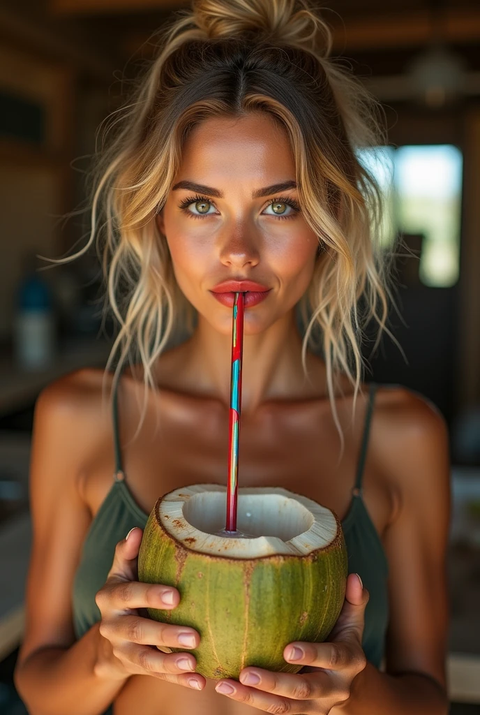 Femme blonde type européenne suédoise. Coupe de cheveux au carré. Corps parfaitement sculpté. En tenue d'été sur un marché du sud de la France. Mange un melon en regardant l'objectif