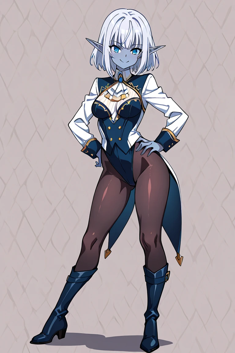 a tall girl beautiful sexy attractive beautiful waifu playful tenderness big breast white hair short hair disheveled her blue eye wears a short black jacket shows navel and a black thong wearing long blue socks blue boots big brown gloves black