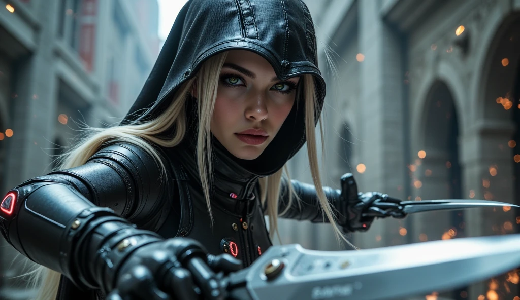 Eastern European 1girl in combat clothes, solo,beautiful face, grey hair,black battle suit, sci-fi, science fiction, cape, hood,