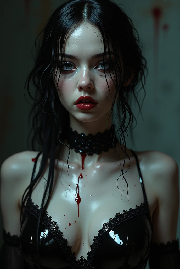Can you draw an attractive female vampire with blood dripping from her fangs down to her chin?